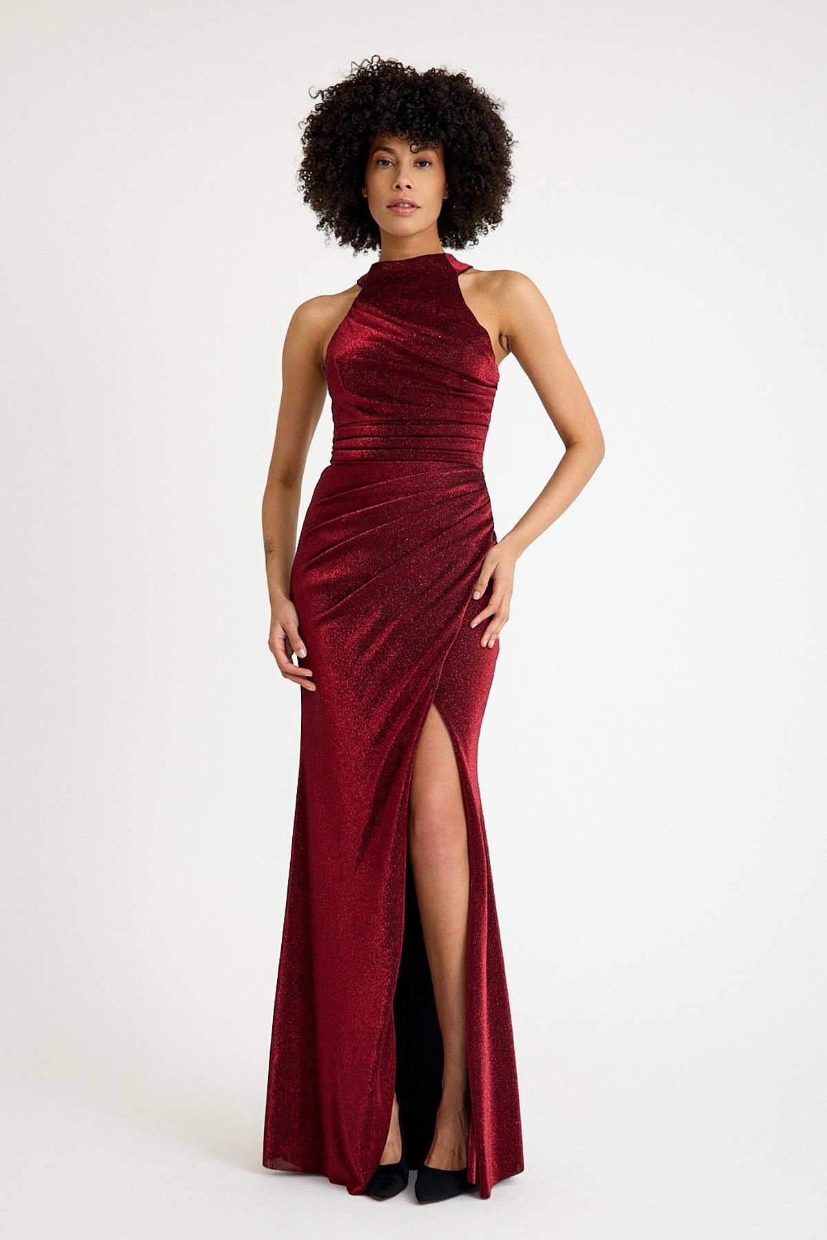 Bordo Halter Yaka Simli Abiye Elbise Abiye P-0000015599-BORDOBRD42