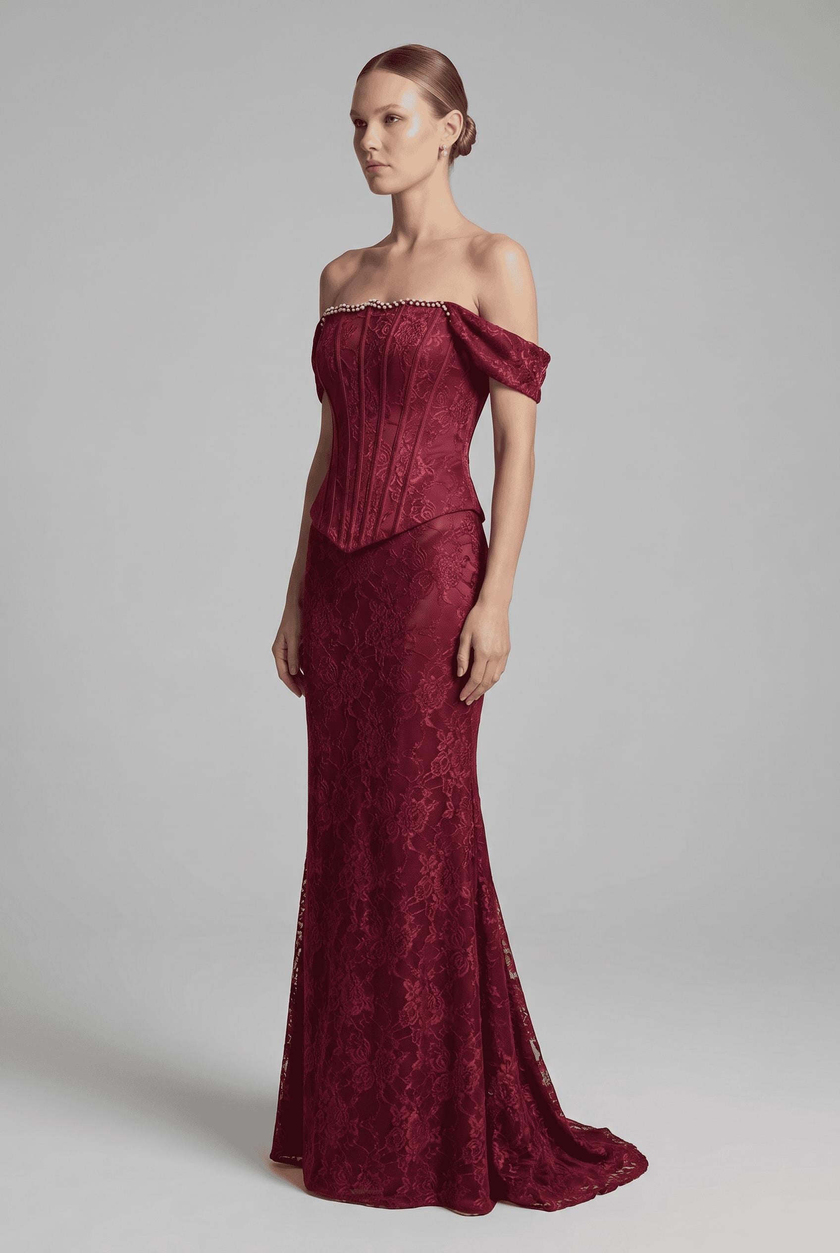 Bordo Korseli Dantel Abiye Abiye P-0000017760-BORDOBRD46