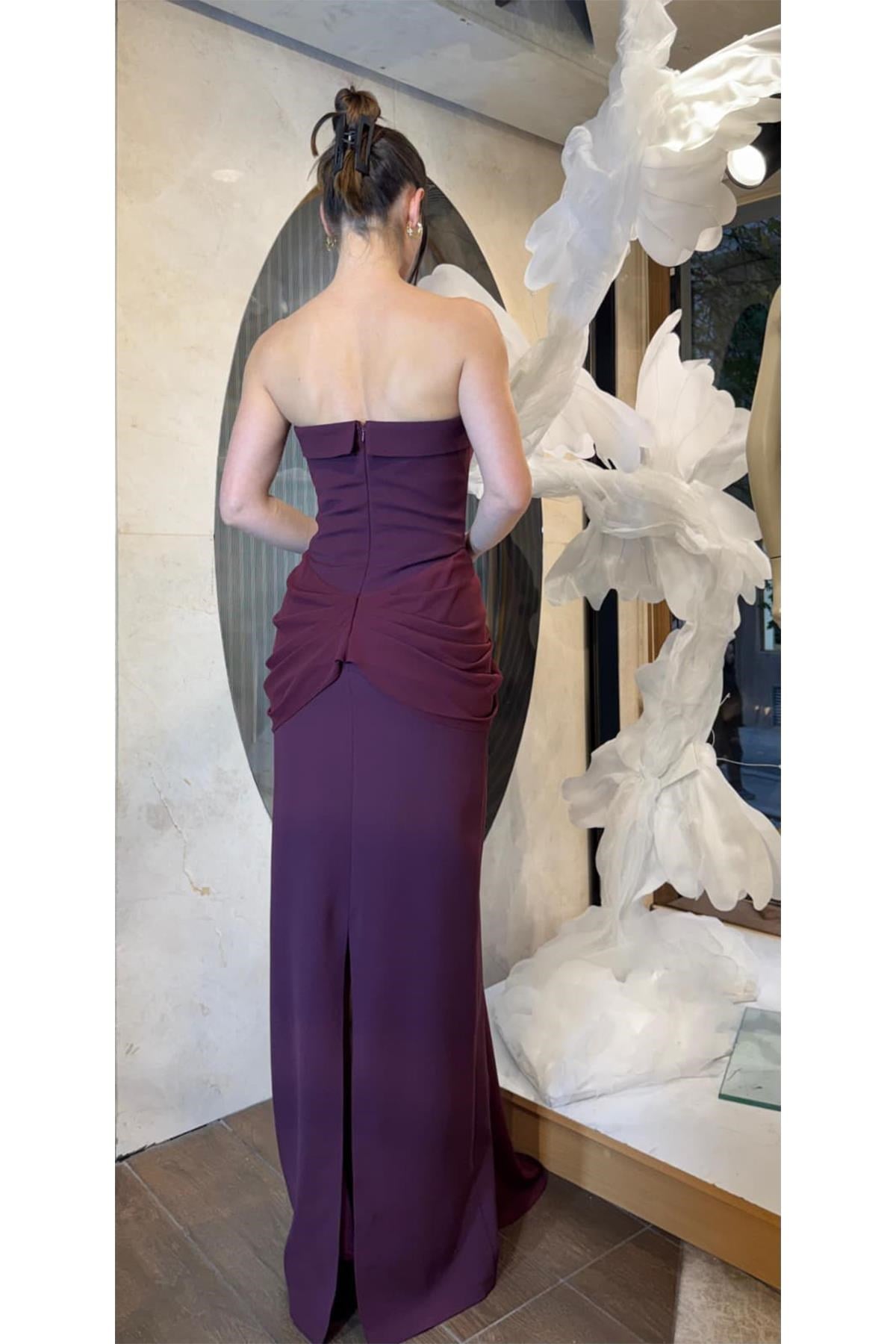 Bordo Önü Şifon Detaylı Straplez Abiye Abiye P-0000017897-BORDOBRD38