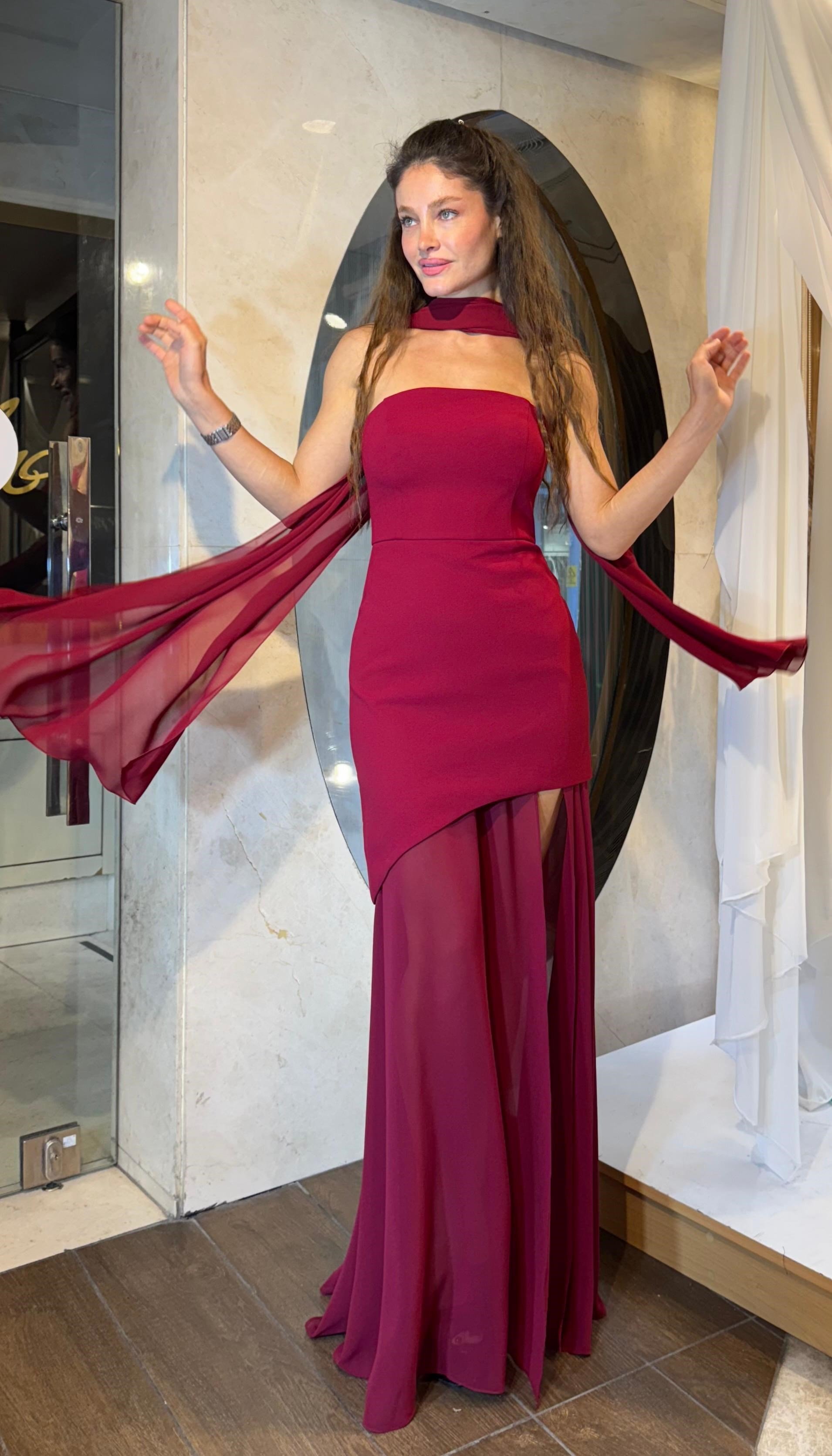 Bordo Şal Detaylı Straplez Abiye Abiye P-0000016304-BORDOBRD42