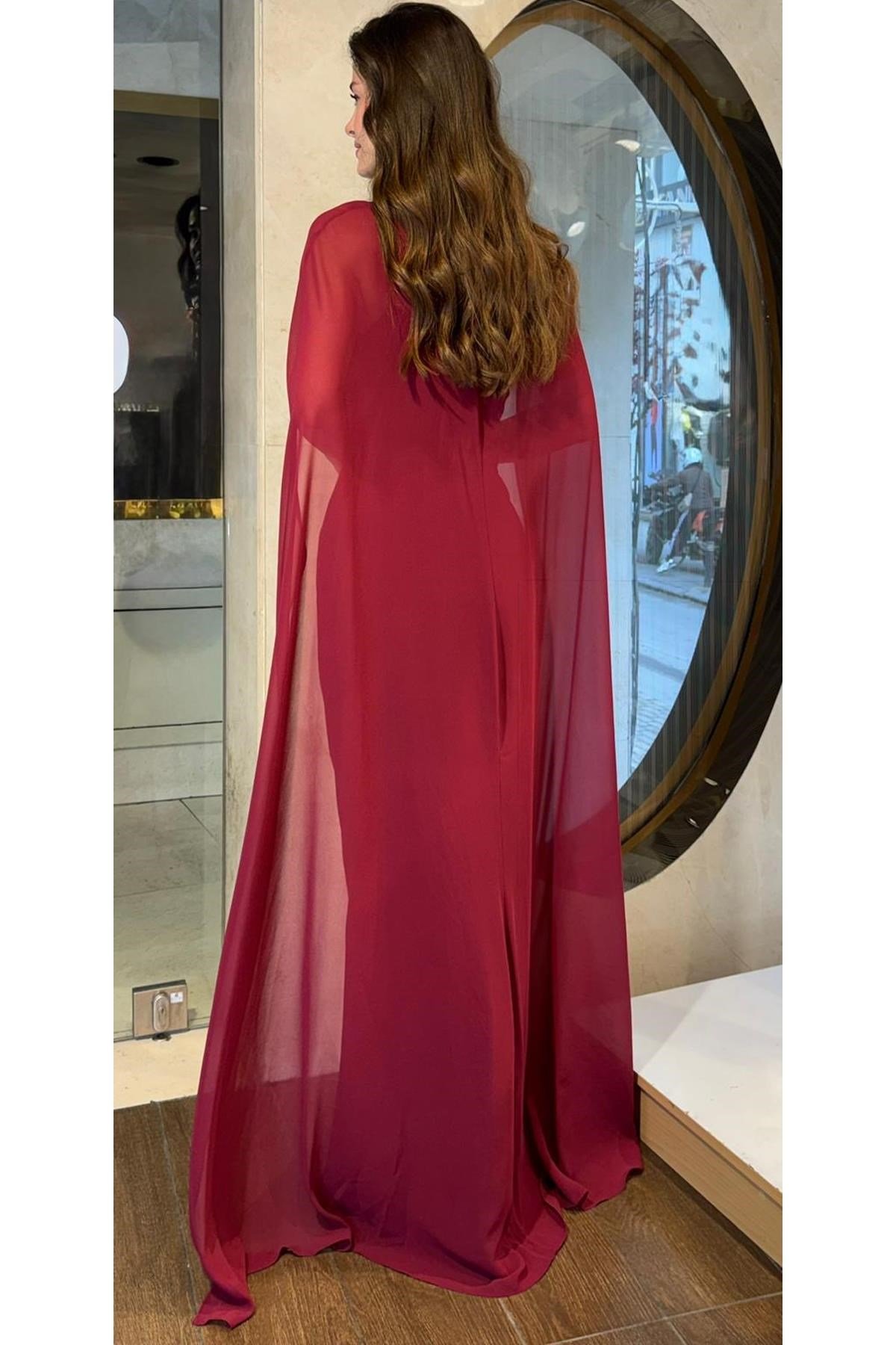 Bordo Şifon Pelerinli Krep Abiye Abiye P-0000017901-BORDOBRD38
