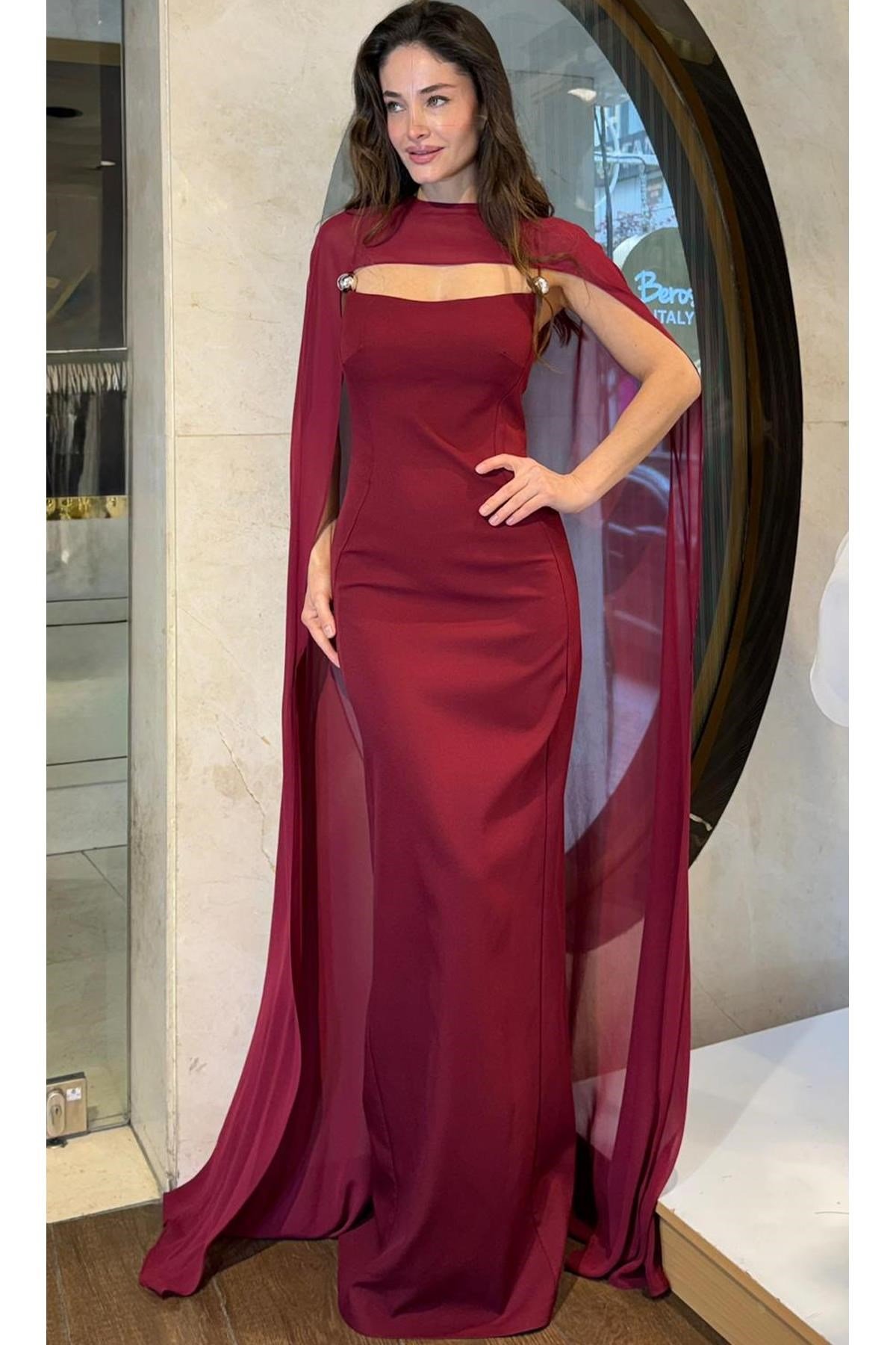 Bordo Şifon Pelerinli Krep Abiye Abiye P-0000017901-BORDOBRD38