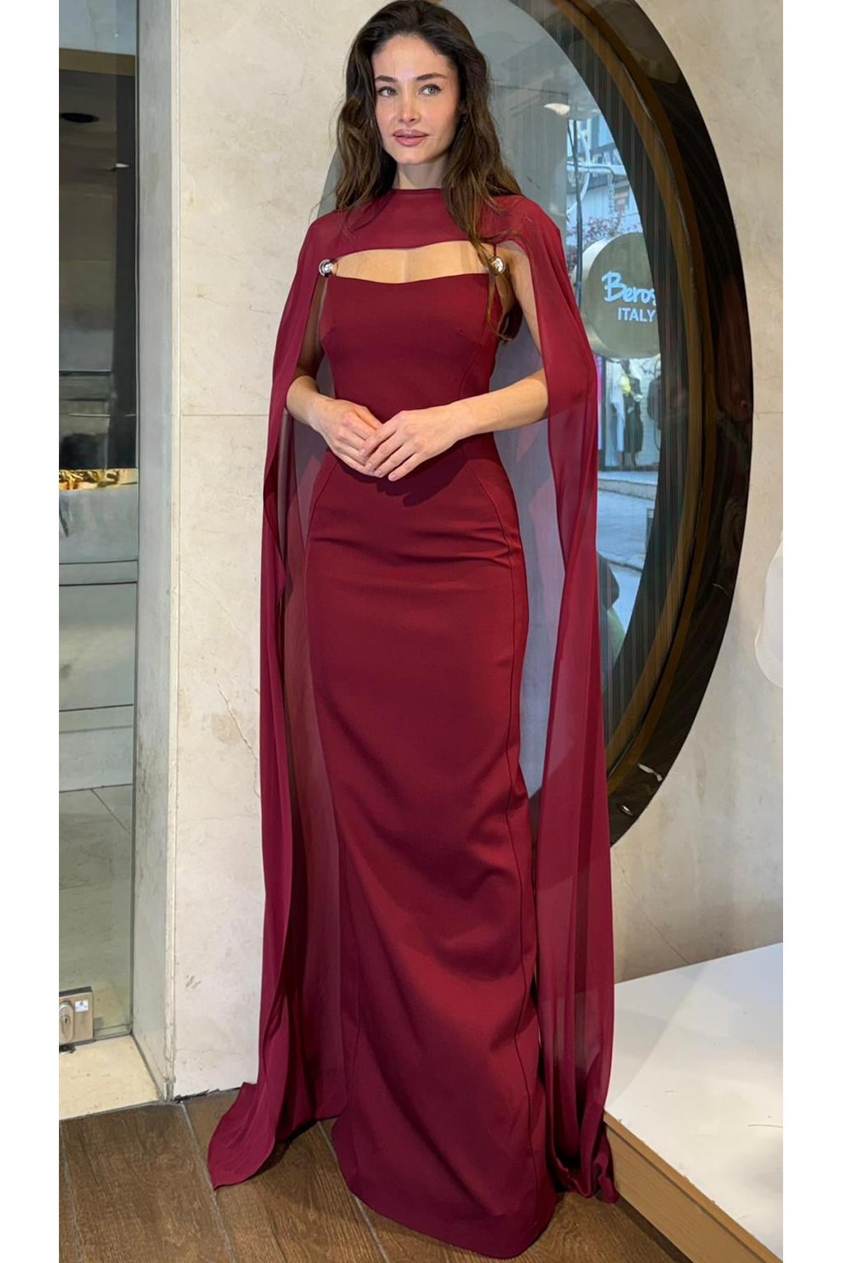Bordo Şifon Pelerinli Krep Abiye Abiye P-0000017901-BORDOBRD38