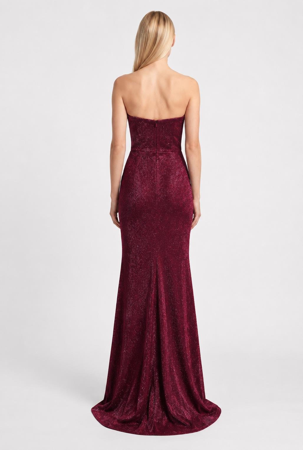 Bordo Simli Yakası Balenli Straplez Abiye Abiye P-0000018634-BORDOBRD38