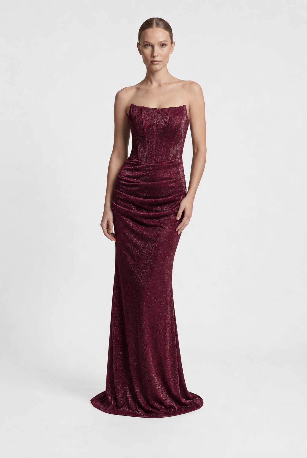 Bordo Simli Yakası Balenli Straplez Abiye Abiye P-0000018634-BORDOBRD38