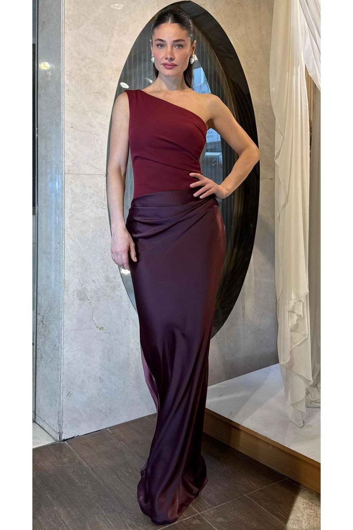 Bordo Üstü Krep Altı Saten Tek Omuz Abiye Abiye P-0000016780-BORDOBRD36