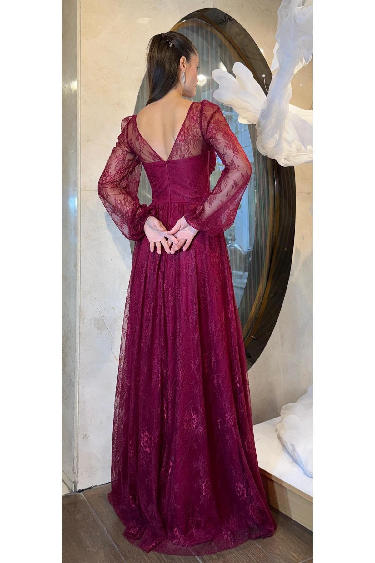 Bordo Uzun Kollu Dantel Abiye Abiye P-0000018461-BORDOBRD40