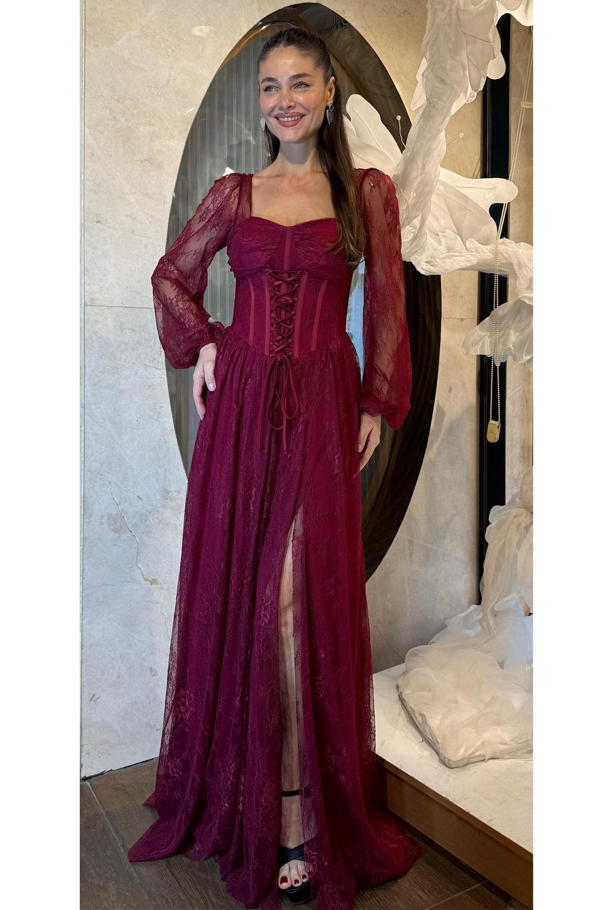 Bordo Uzun Kollu Dantel Abiye Abiye P-0000018461-BORDOBRD40
