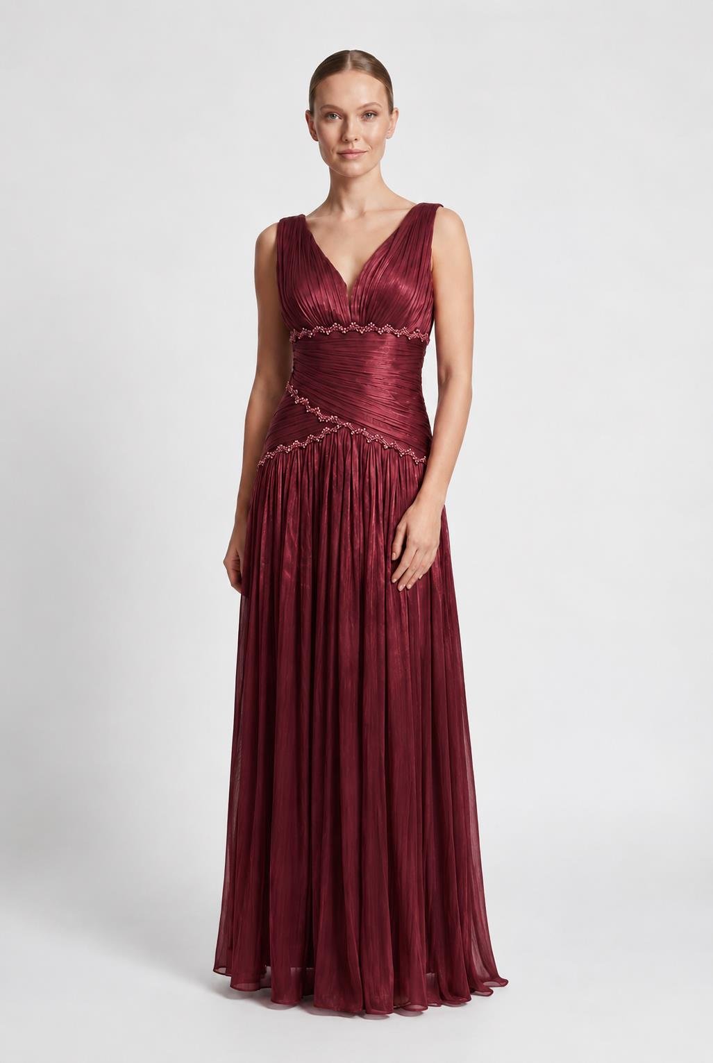 Bordo V Yaka Taş Detaylı Abiye Abiye P-0000019140-BORDOBRD38