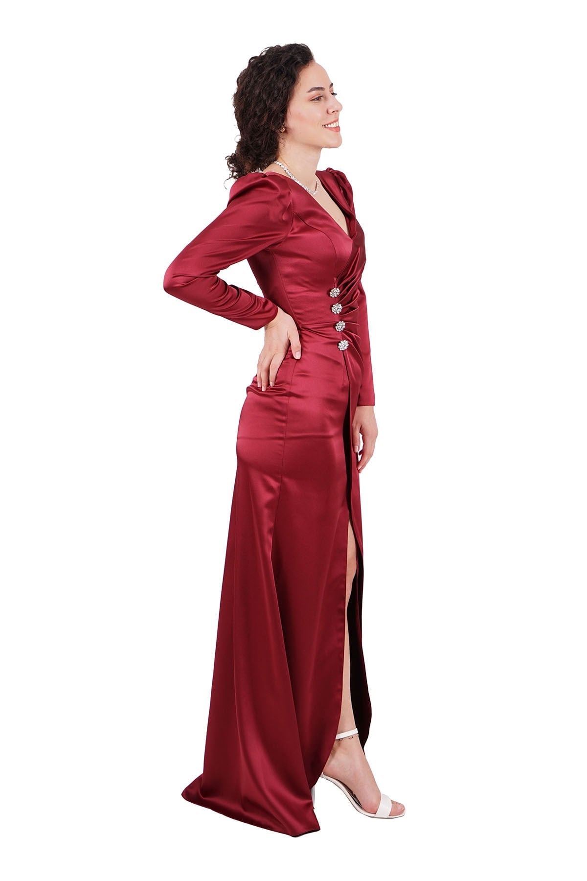 Bordo V Yaka Uzun Kol Saten Abiye Elbise Abiye P-0000007496-BORDOBRD38