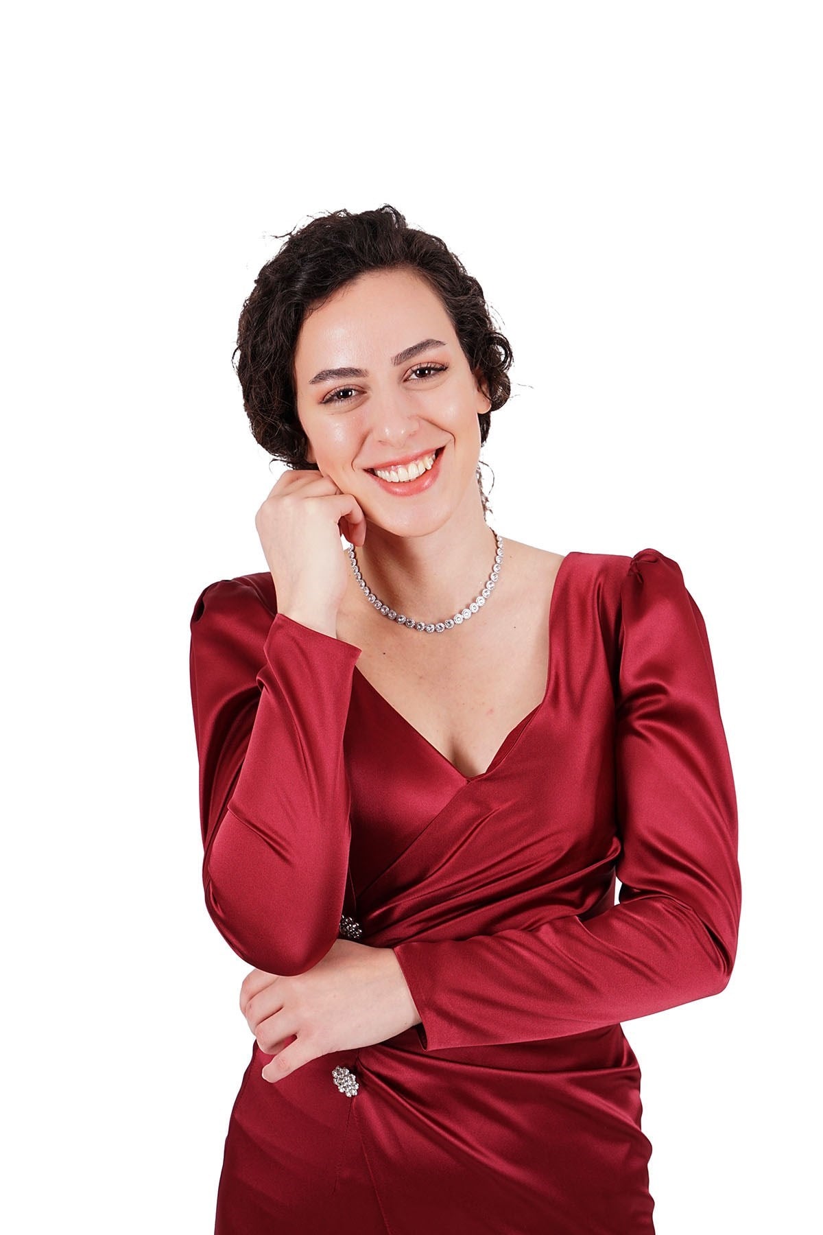 Bordo V Yaka Uzun Kol Saten Abiye Elbise Abiye P-0000007496-BORDOBRD38