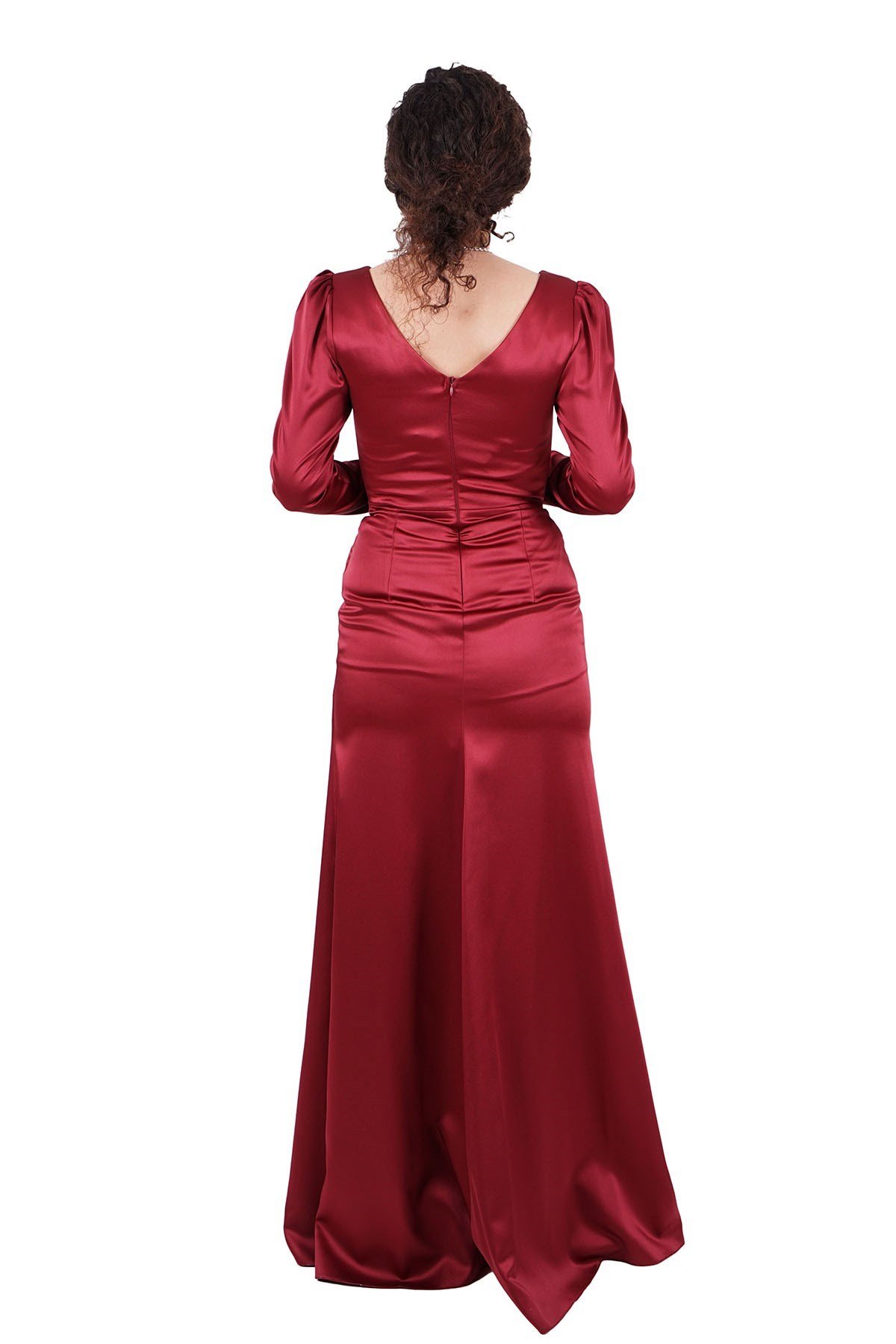 Bordo V Yaka Uzun Kol Saten Abiye Elbise Abiye P-0000007496-BORDOBRD38