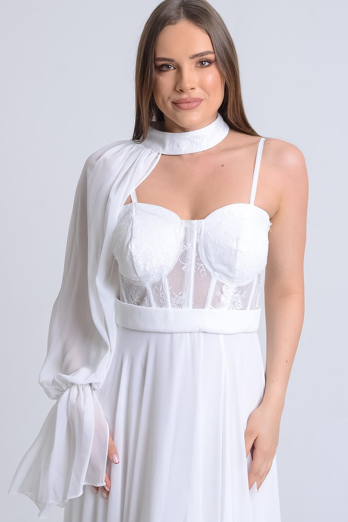 Ekru Beli Transparan İp Askılı Abiye Elbise Abiye P-0000011142-EKRUEKR40