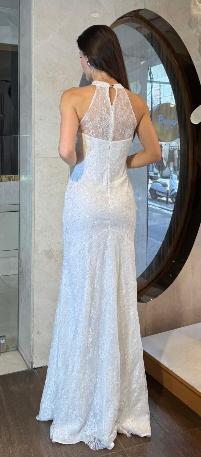 Ekru Halter Yaka Payet İşlemeli Dantel Abiye Abiye P-0000019197-EKRUEKR42