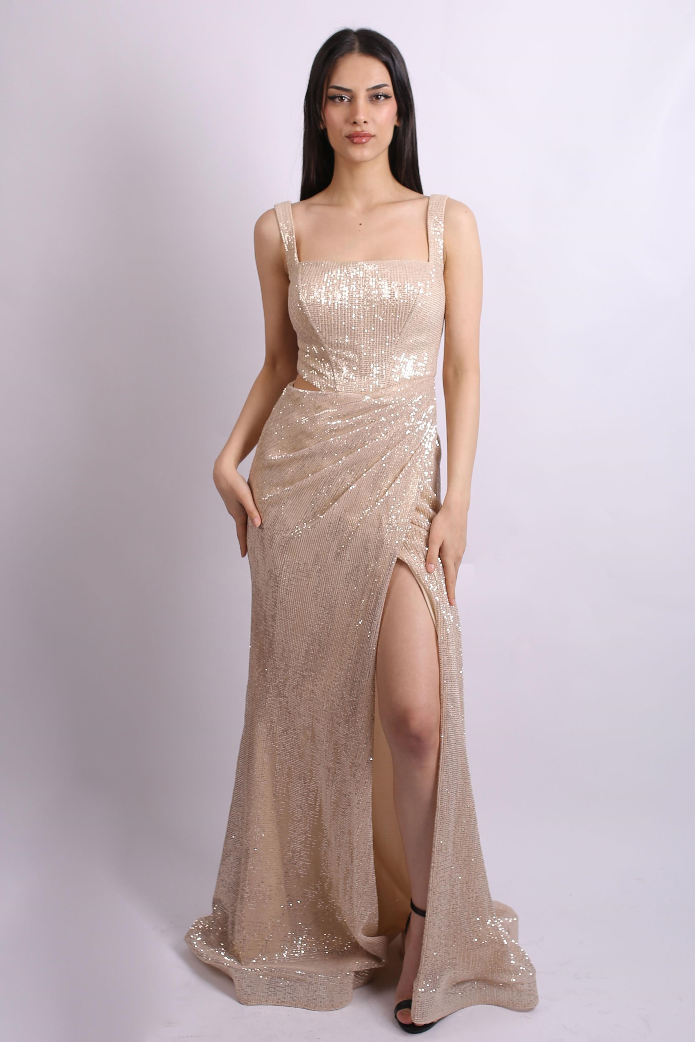 Gold Askılı Pul Payet Abiye Elbise Abiye P-0000015170-GOLDGLD38