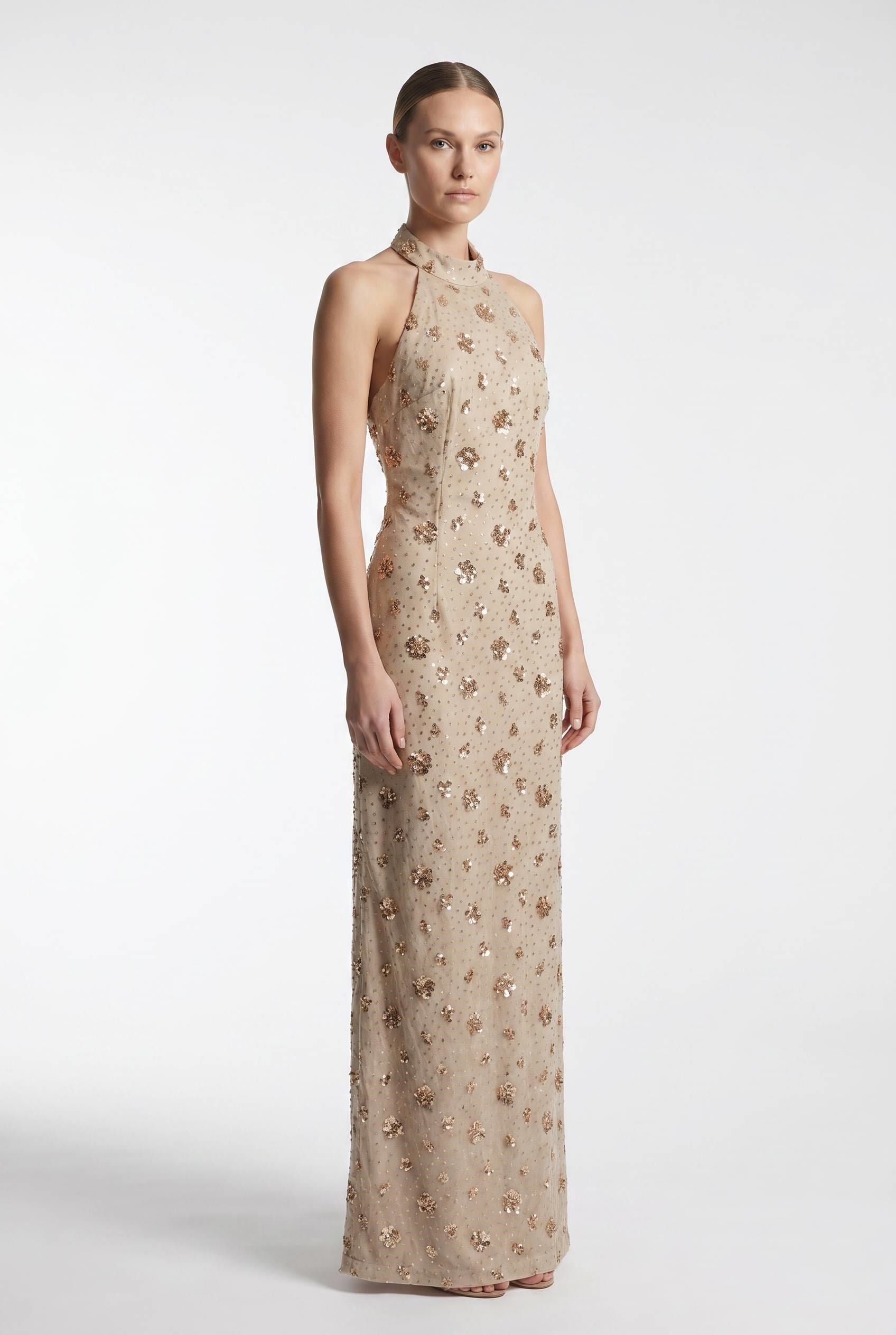 Gold Halter Yaka Payet İşlemeli Abiye Abiye P-0000019037-GOLDGLD38