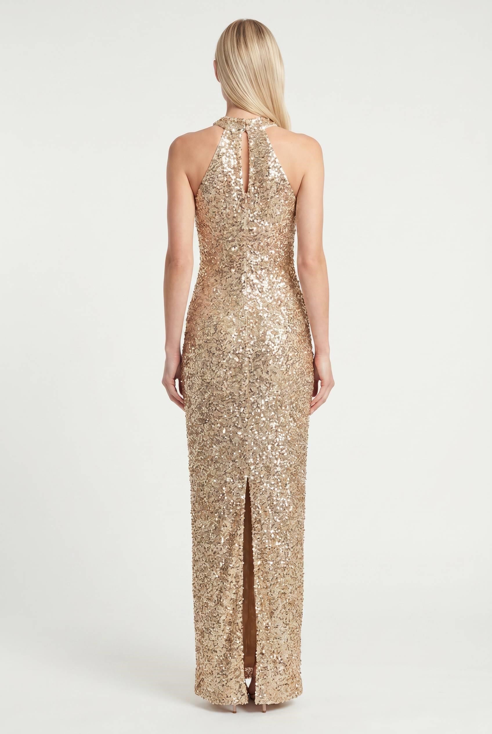 Gold Halter Yaka Payetli Abiye Elbise Abiye P-0000014389-GOLDGLD42