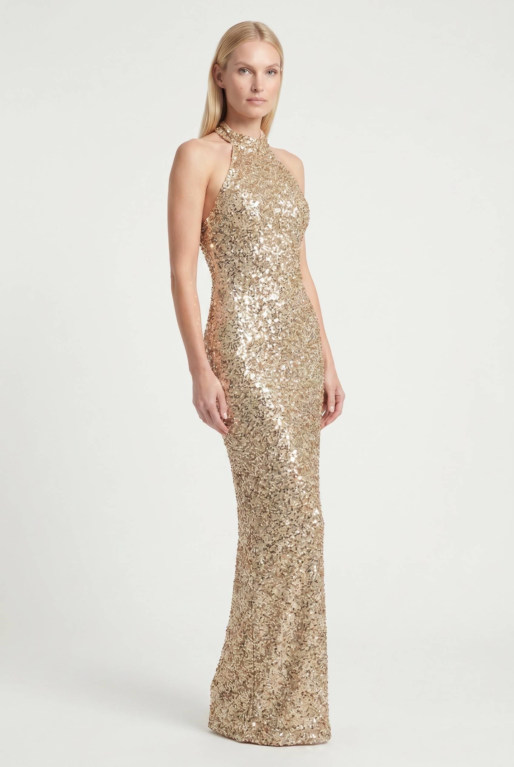 Gold Halter Yaka Payetli Abiye Elbise Abiye P-0000014389-GOLDGLD42
