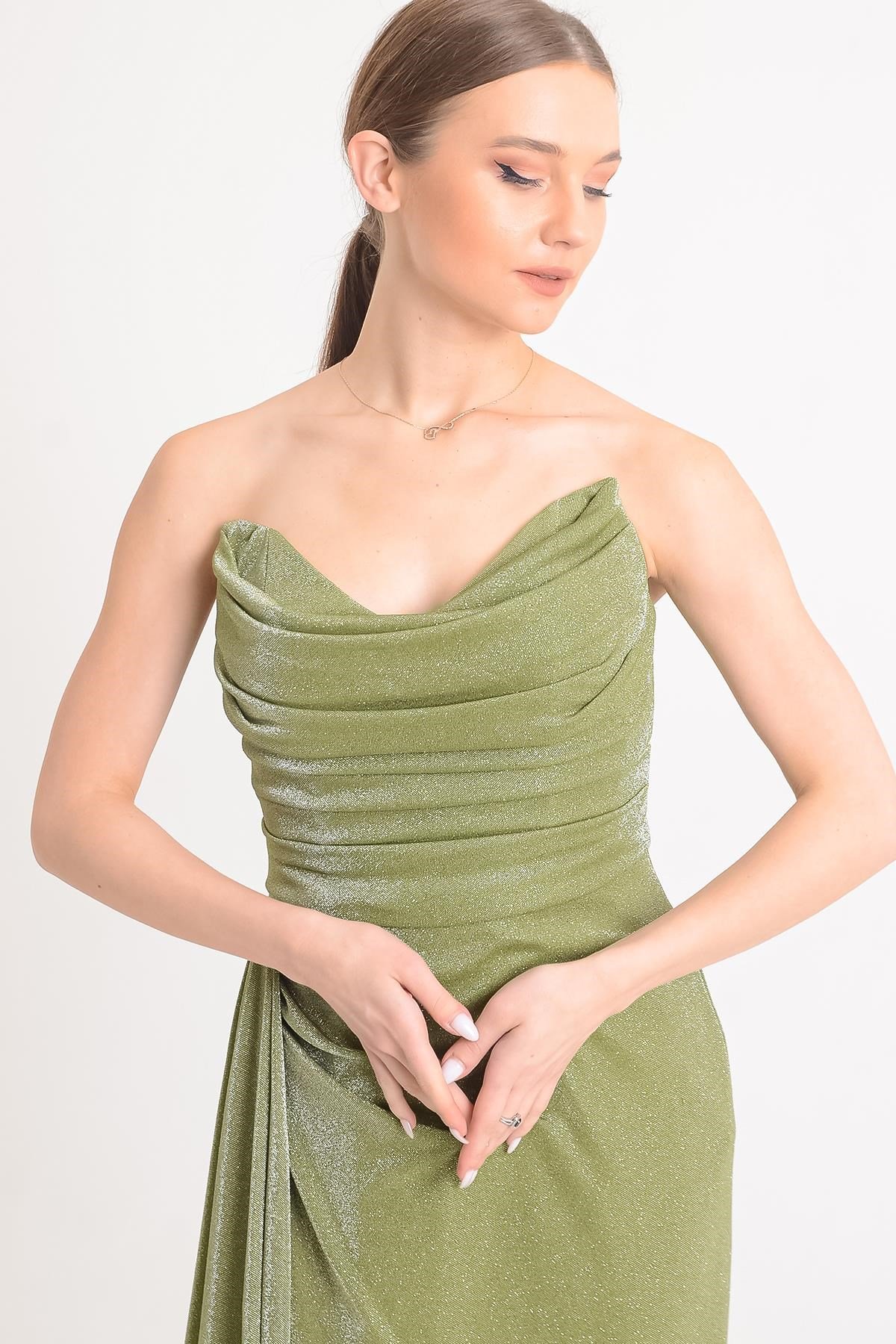 Haki Straplez Simli Yırtmaçlı Abiye Elbise Abiye P-0000006222-HAKİHKR36