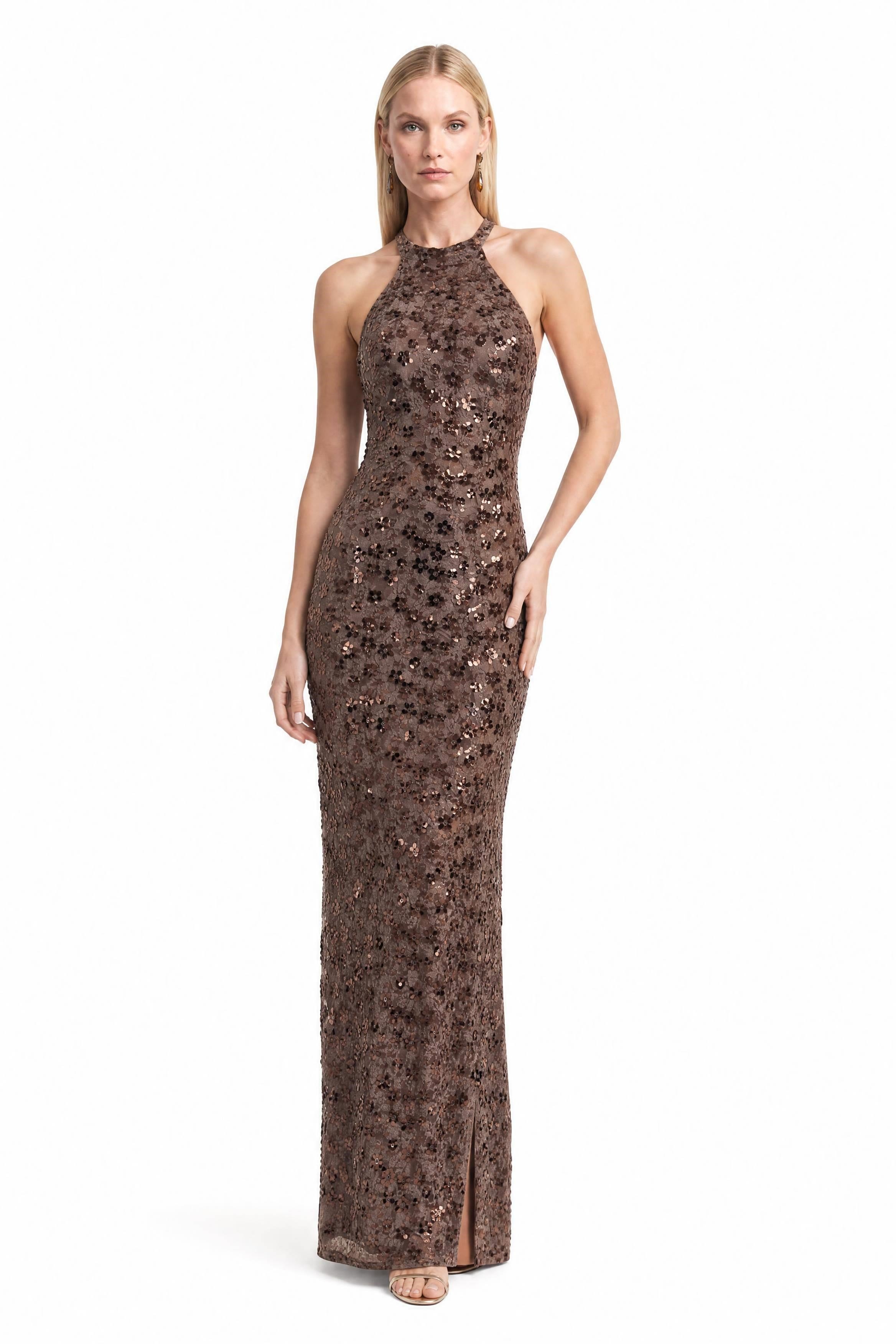Kahve Halter Yaka Dantel Boncuk İşlemeli Abiye Abiye P-0000019306-KAHVEKHV36