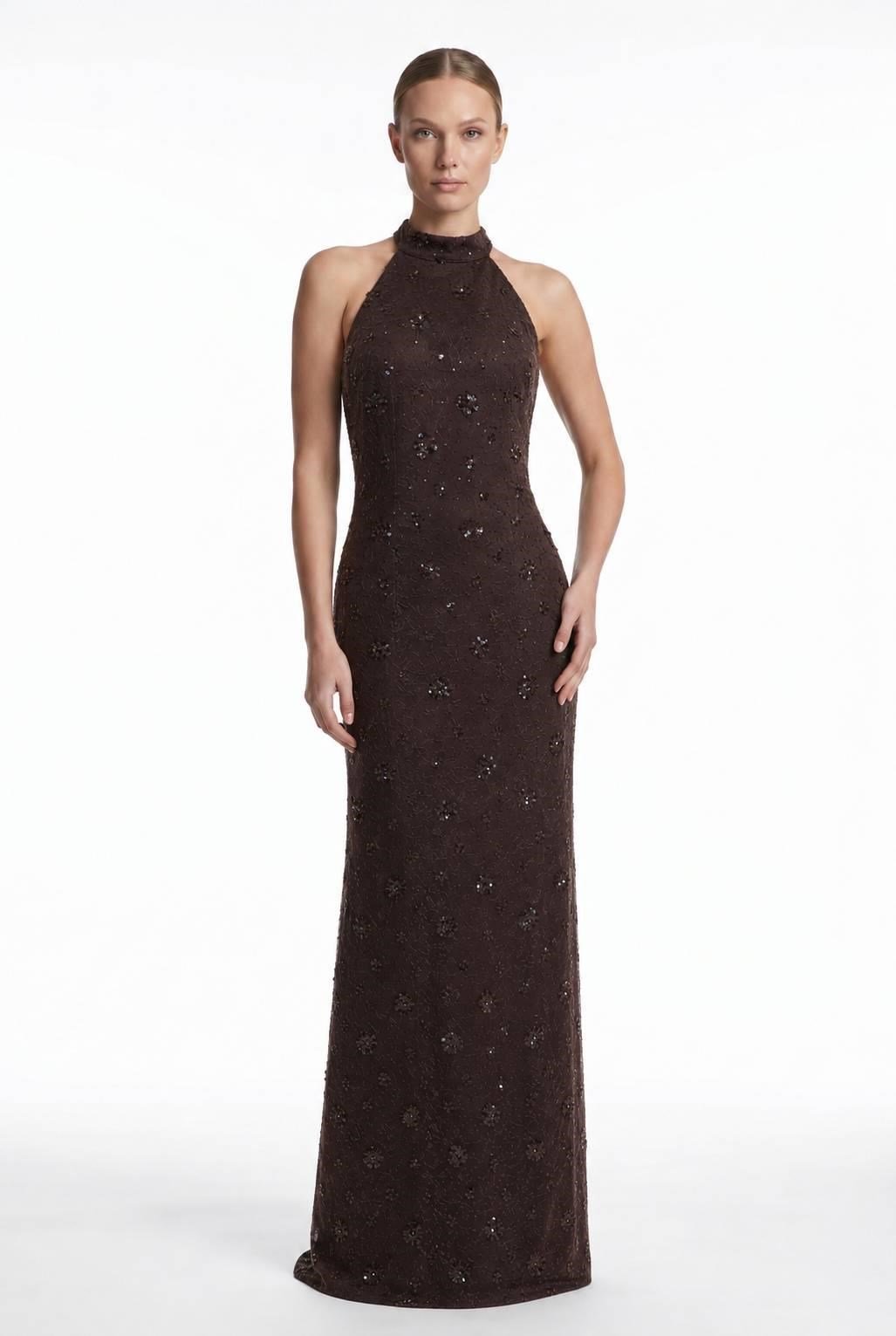 Kahve Halter Yaka Payet İşlemeli Abiye Abiye P-0000019037-KAHVEKHV42