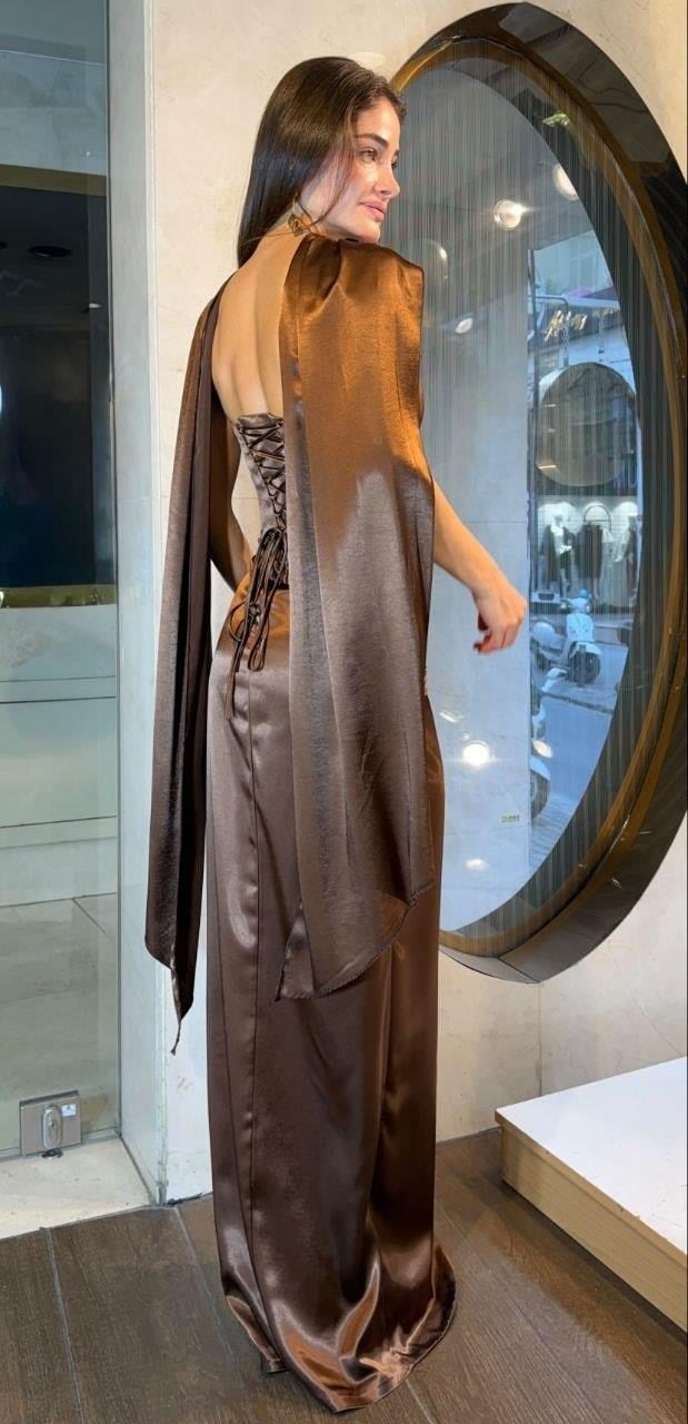 Kahve Şal Detaylı Sırtı Bağcıklı Abiye Abiye P-0000019789-KAHVEKHV42