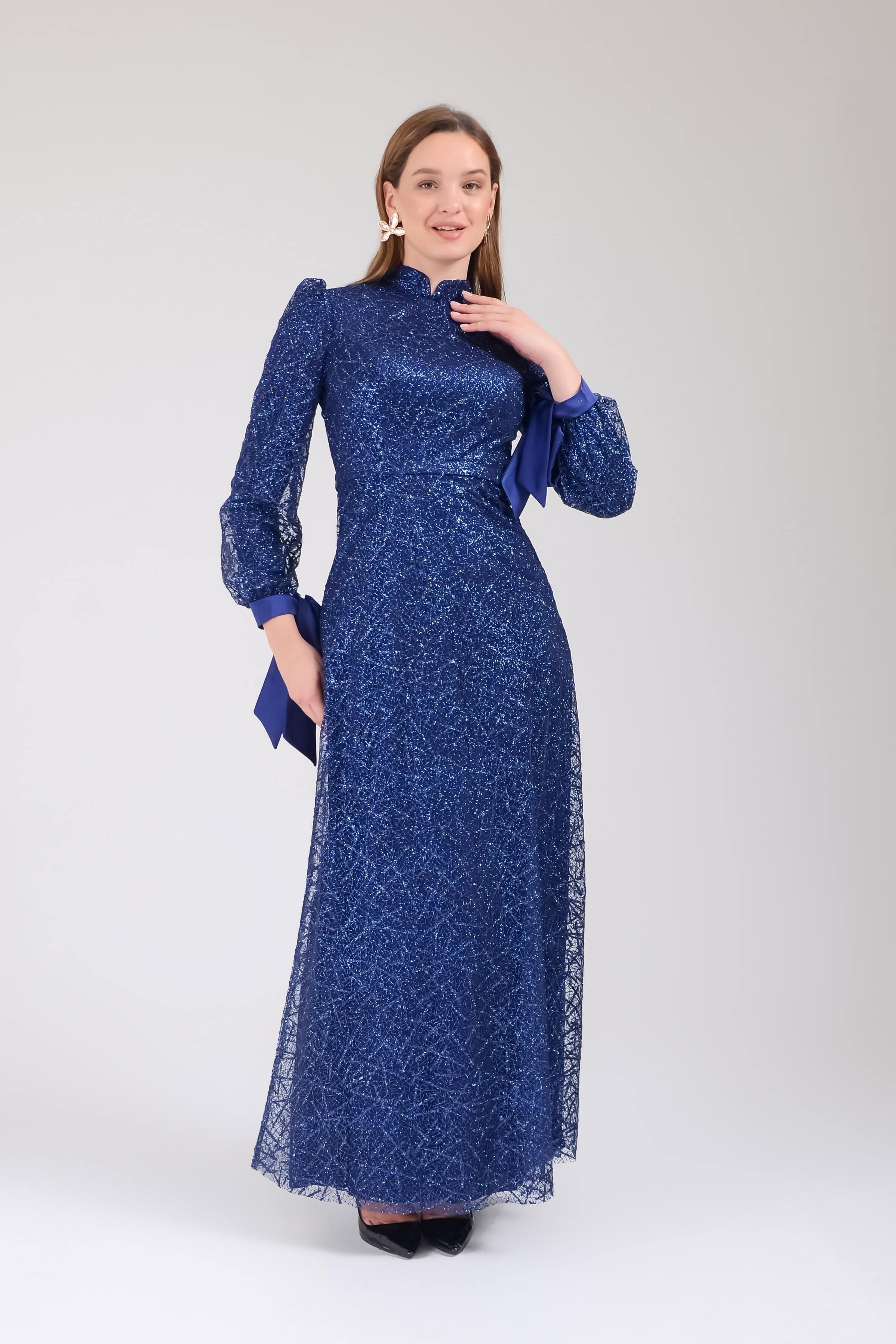 Lacivert Kolları Fiyonklu Simli Tesettür Abiye Elbise Abiye P-0000013614-LACİVERTLAC42