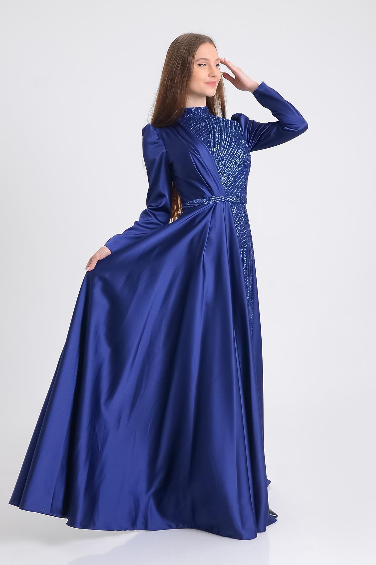 Lacivert Saten Tesettür Abiye Elbise Abiye P-0000009937-LACİVERTLAC44