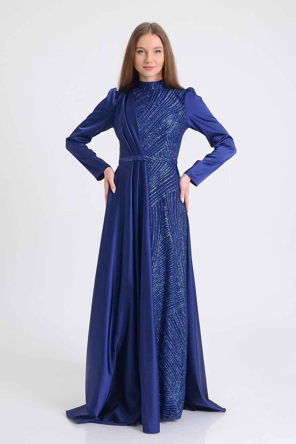 Lacivert Saten Tesettür Abiye Elbise Abiye P-0000009937-LACİVERTLAC44
