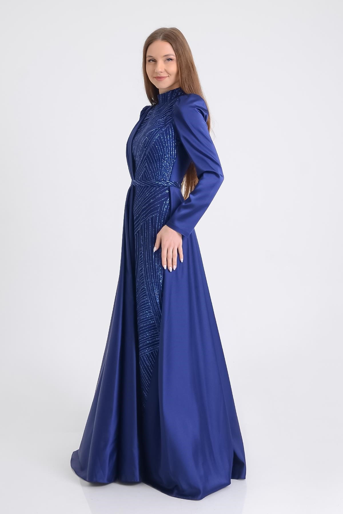 Lacivert Saten Tesettür Abiye Elbise Abiye P-0000009937-LACİVERTLAC44