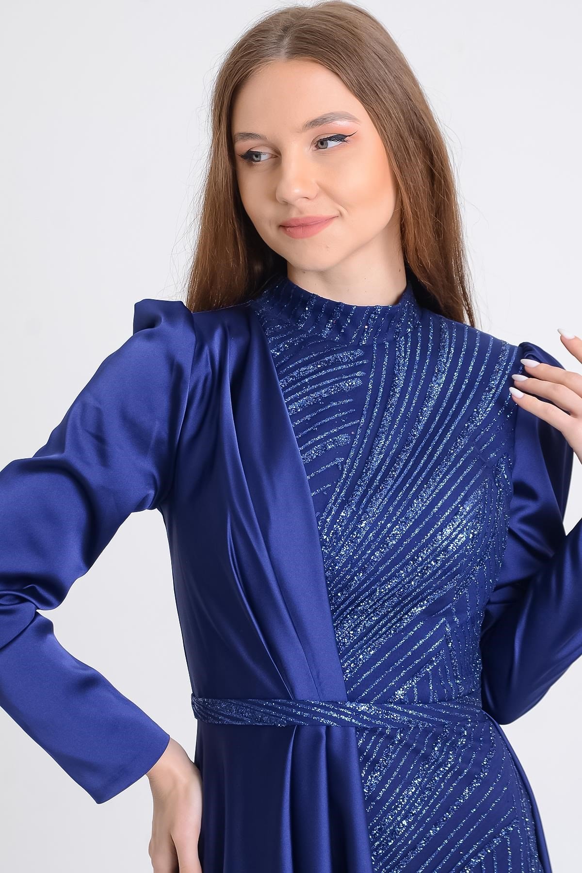 Lacivert Saten Tesettür Abiye Elbise Abiye P-0000009937-LACİVERTLAC44
