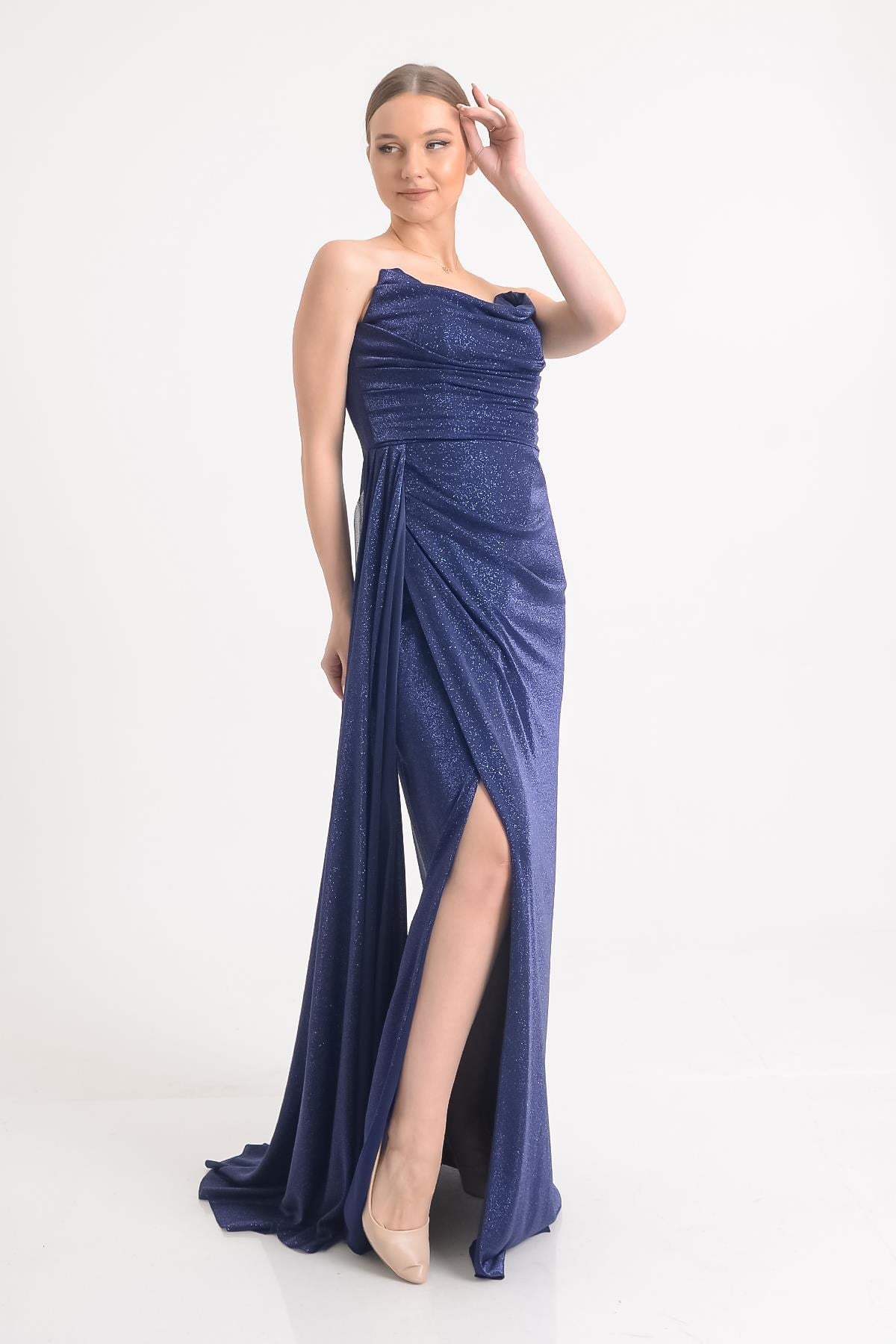 Lacivert Straplez Simli Yırtmaçlı Abiye Elbise Abiye P-0000006222-LACİVERTLAC36