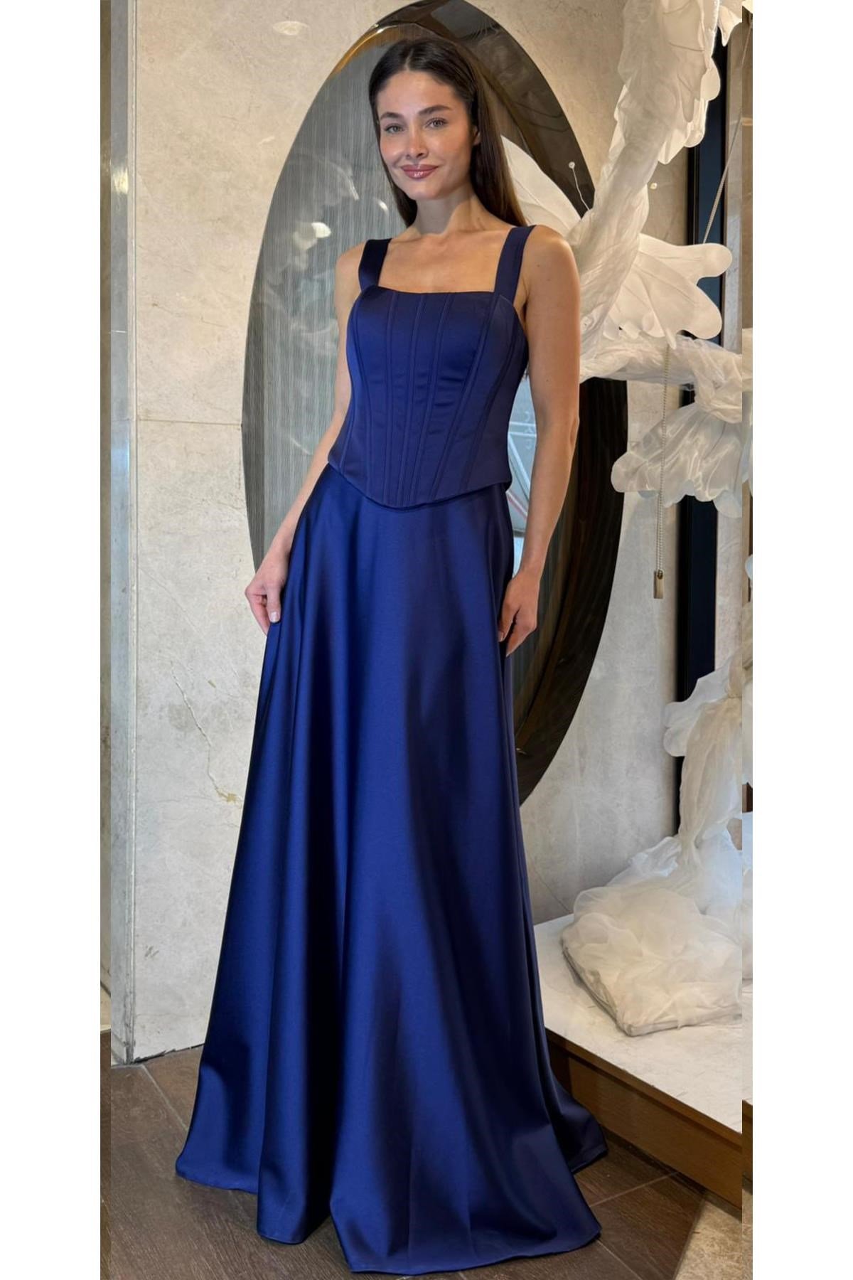 Lacivert Üstü Balenli Uzun Saten Abiye Abiye P-0000016725-LACİVERTLAC38