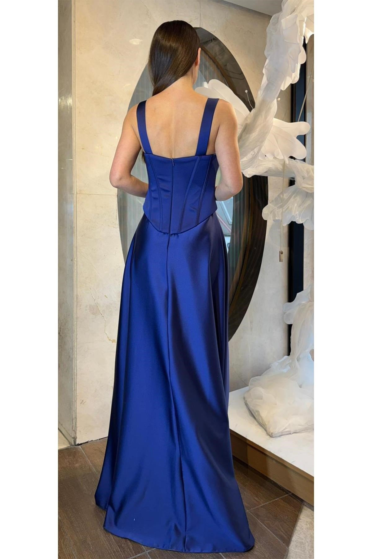 Lacivert Üstü Balenli Uzun Saten Abiye Abiye P-0000016725-LACİVERTLAC38