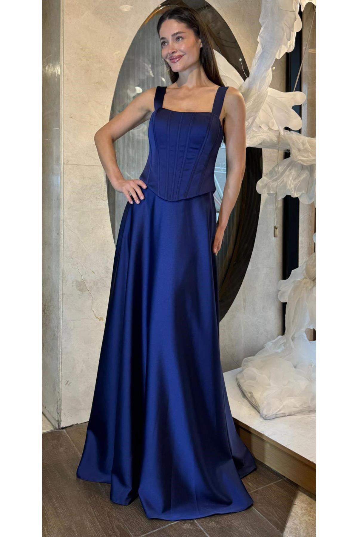 Lacivert Üstü Balenli Uzun Saten Abiye Abiye P-0000016725-LACİVERTLAC38