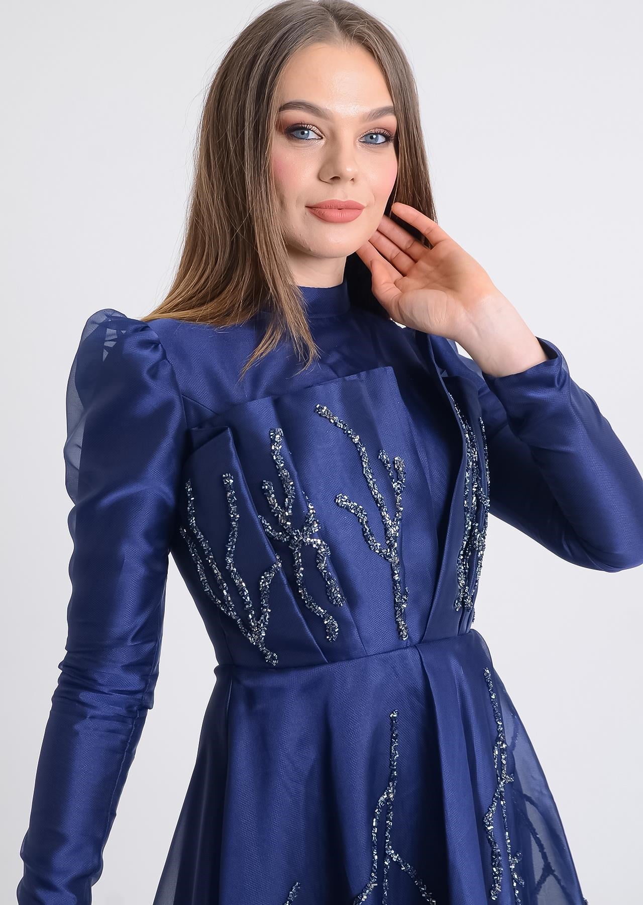 Lacivert Yelpaze Detaylı Tesettür Abiye Elbise Abiye P-0000009753-LACİVERTLAC40