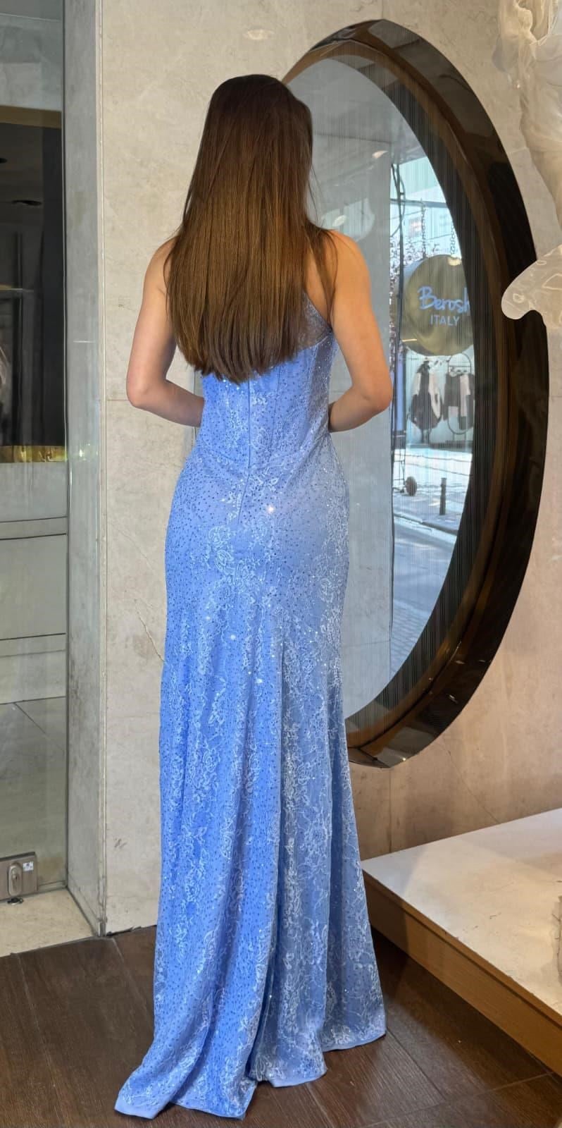 Mavi Halter Yaka Payet İşlemeli Dantel Abiye Abiye P-0000019197-MAVİMAV40