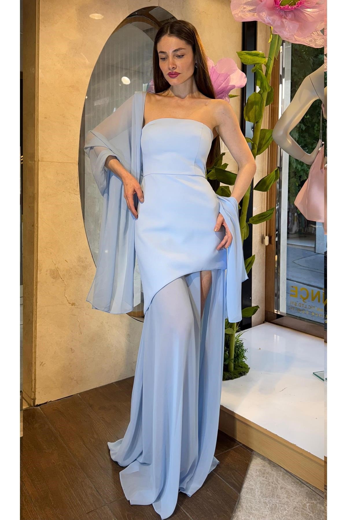 Mavi Şal Detaylı Straplez Abiye Abiye P-0000016304-MAVİMAV38