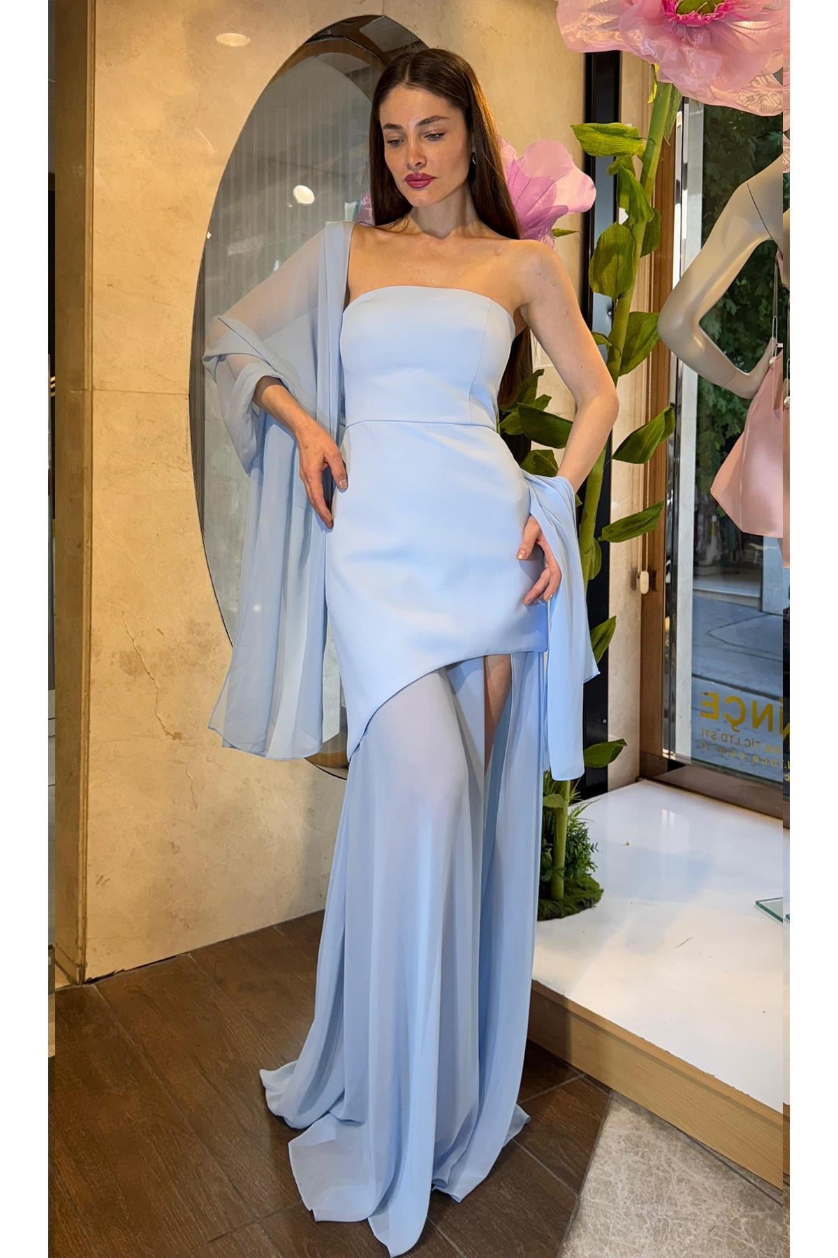 Mavi Şal Detaylı Straplez Abiye Abiye P-0000016304-MAVİMAV38