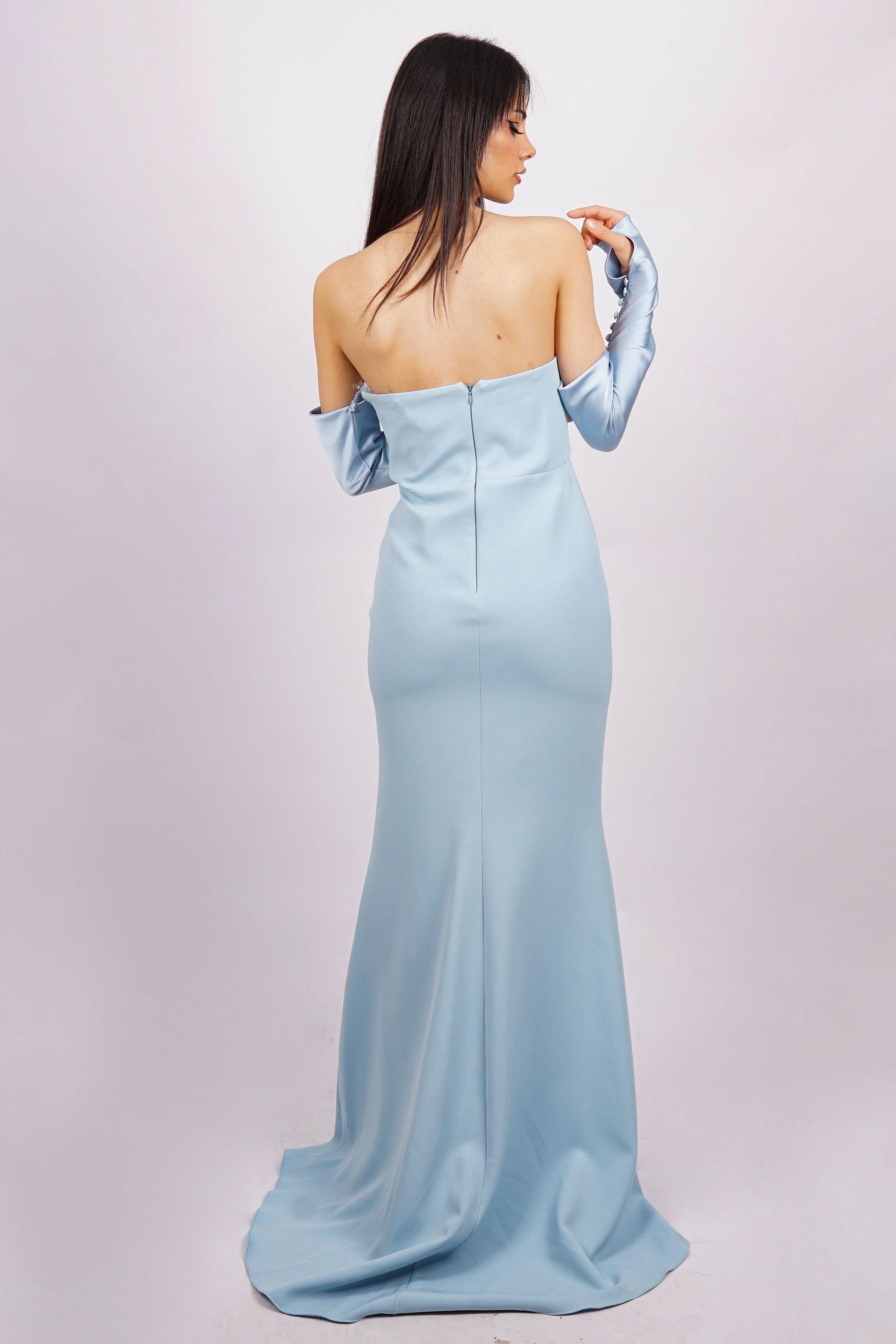 Mavi Straplez Uzun Kol Abiye Elbise Abiye P-0000014994-MAVİMAV40