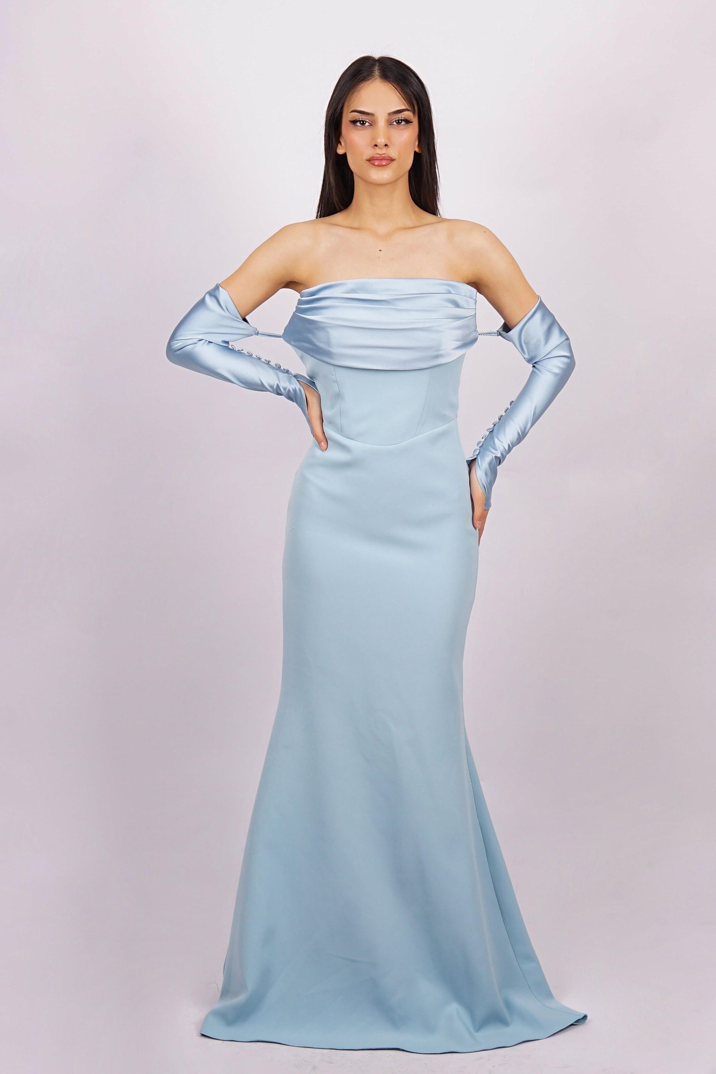 Mavi Straplez Uzun Kol Abiye Elbise Abiye P-0000014994-MAVİMAV40