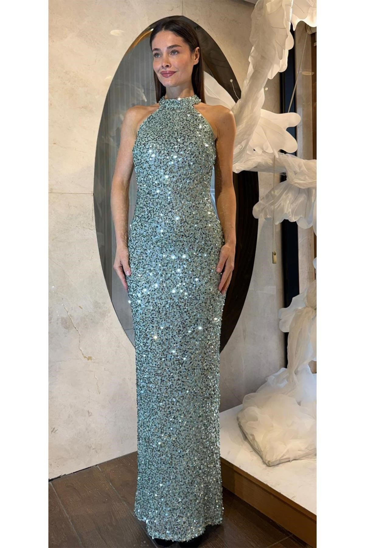 Mint Halter Yaka Payetli Abiye Abiye P-0000014389-MİNTMNT40