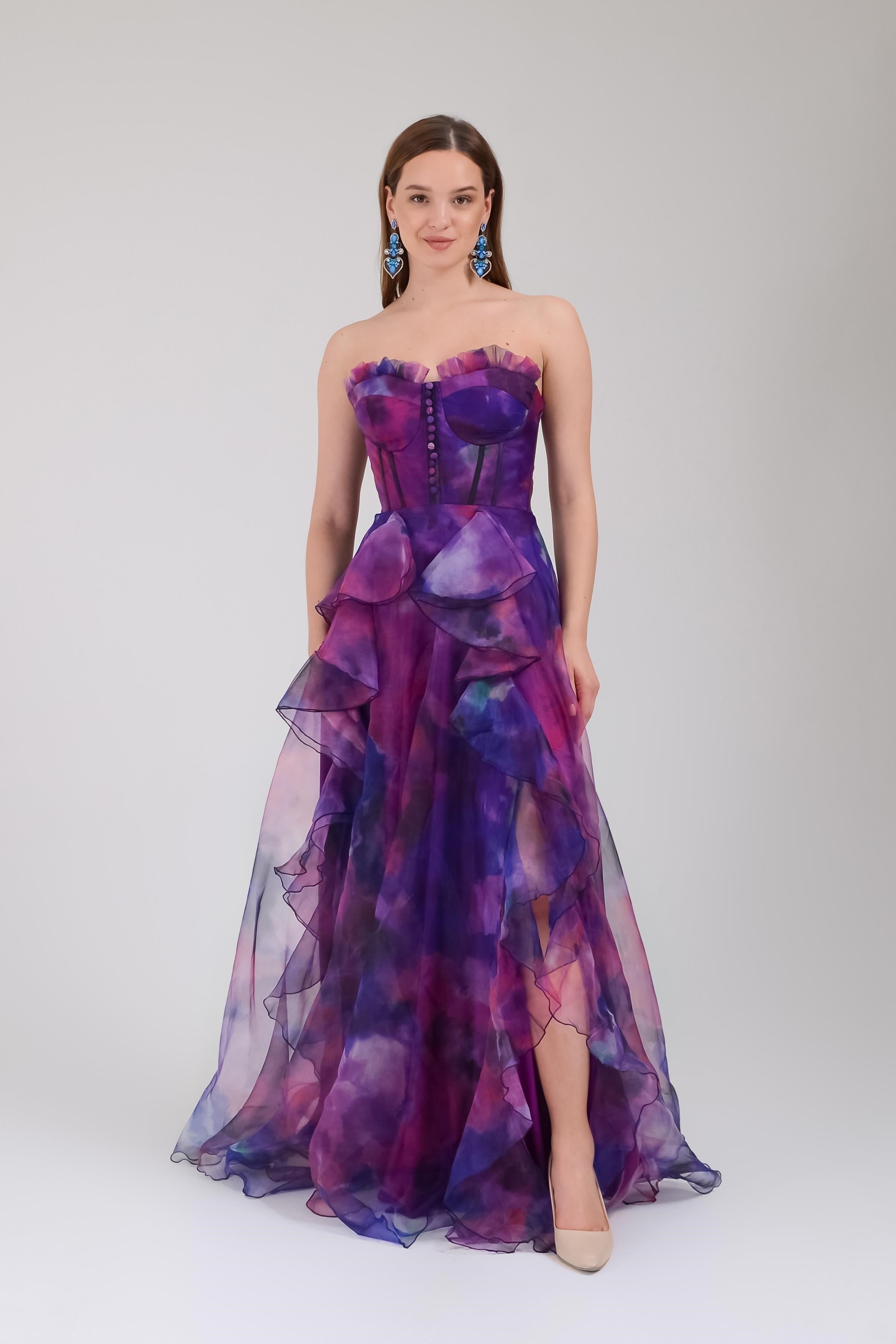 Mor Desenli Straplez Abiye Elbise Abiye P-0000013612-MORMOR38