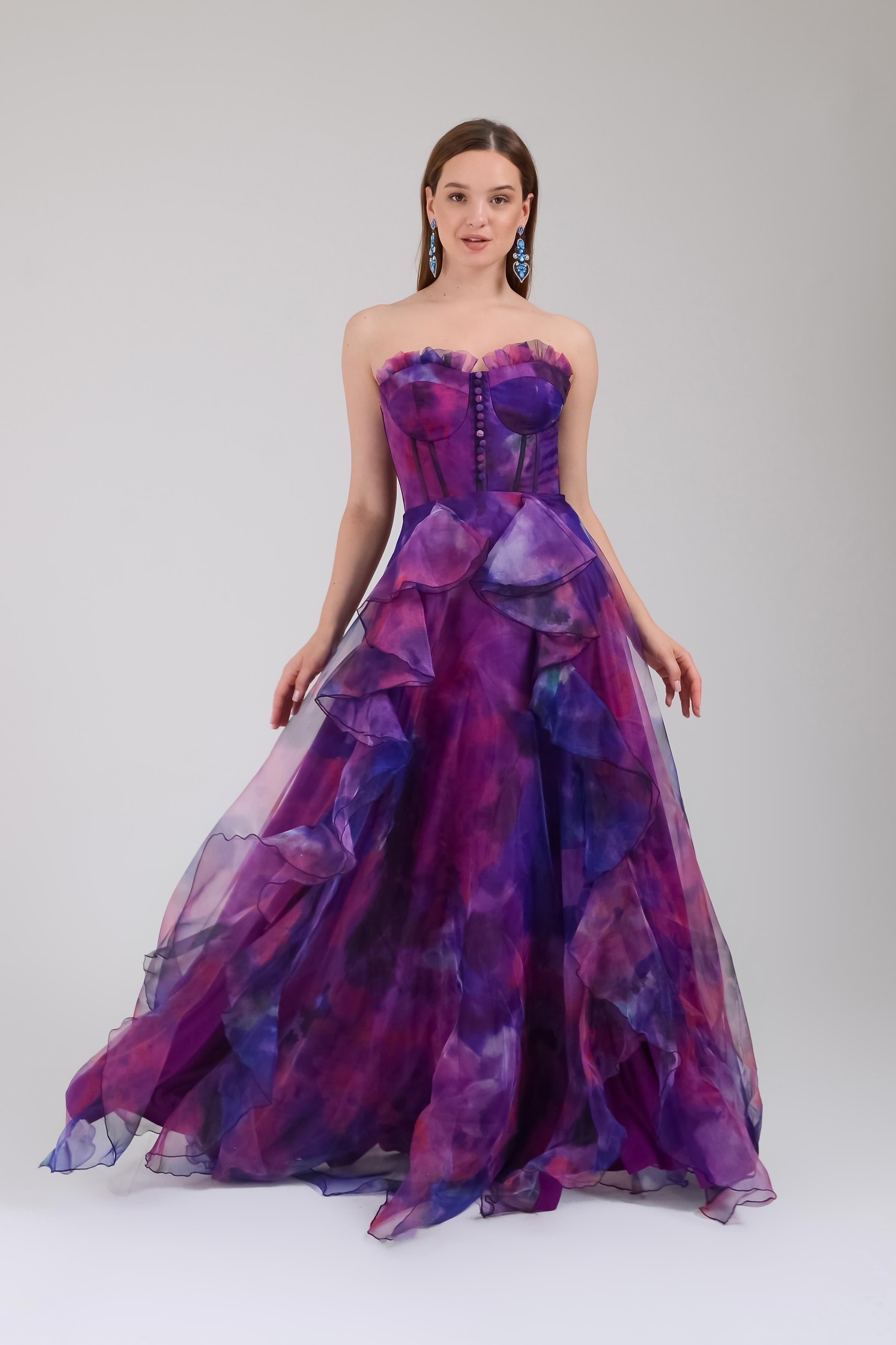 Mor Desenli Straplez Abiye Elbise Abiye P-0000013612-MORMOR38