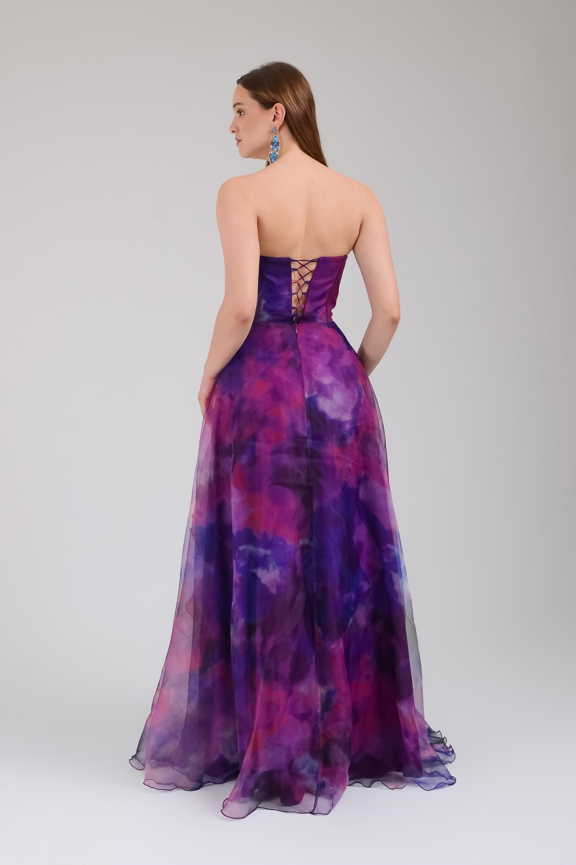 Mor Desenli Straplez Abiye Elbise Abiye P-0000013612-MORMOR38
