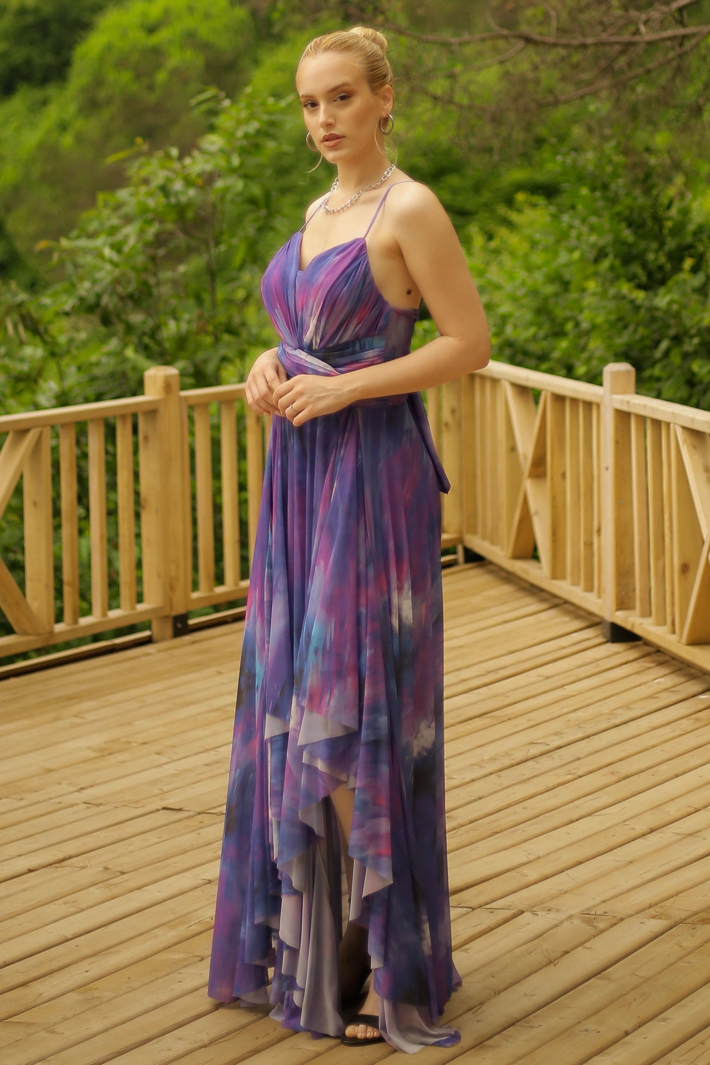 Mor İp Askılı Desenli Abiye Elbise Abiye P-0000013869-MORMOR38