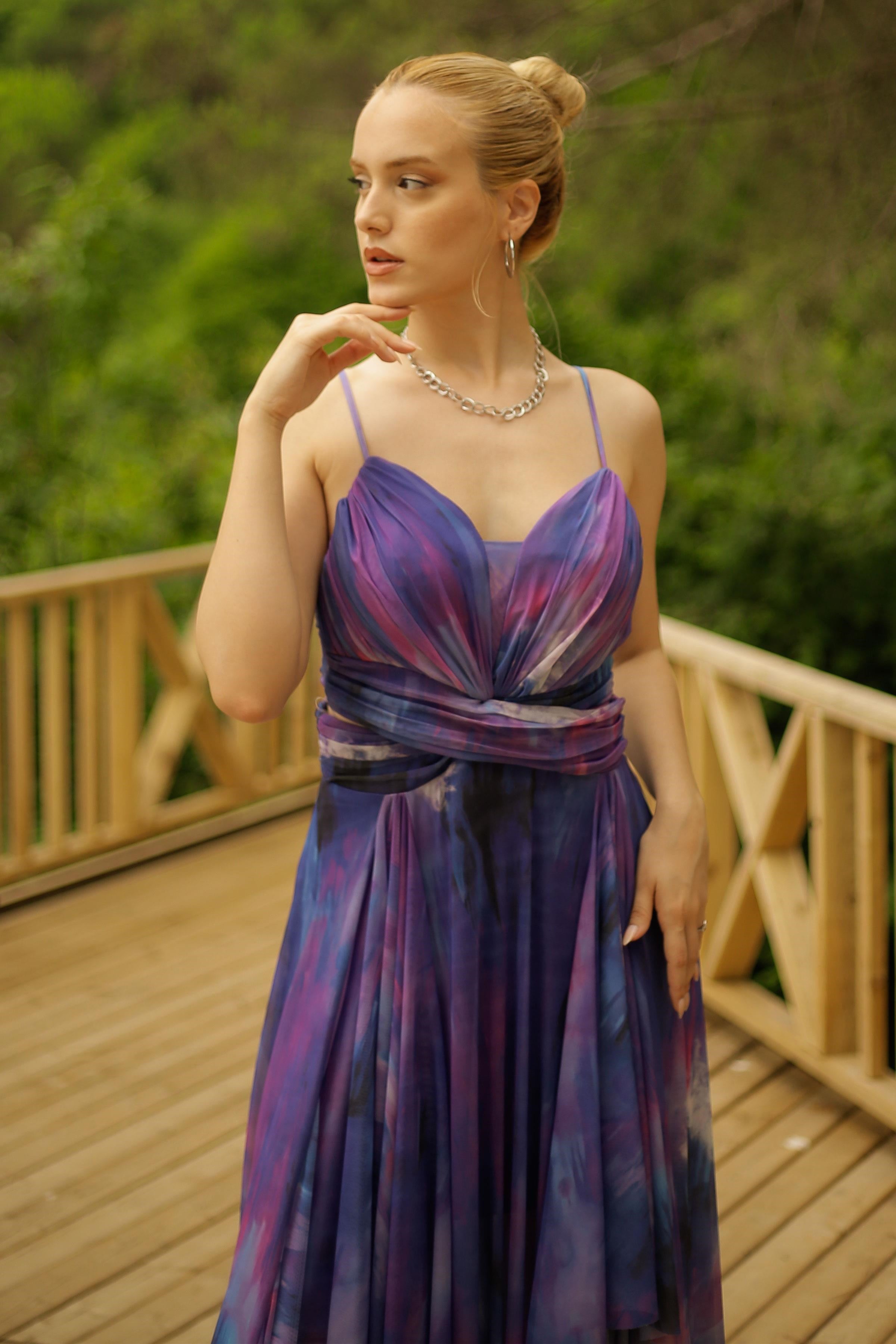 Mor İp Askılı Desenli Abiye Elbise Abiye P-0000013869-MORMOR38