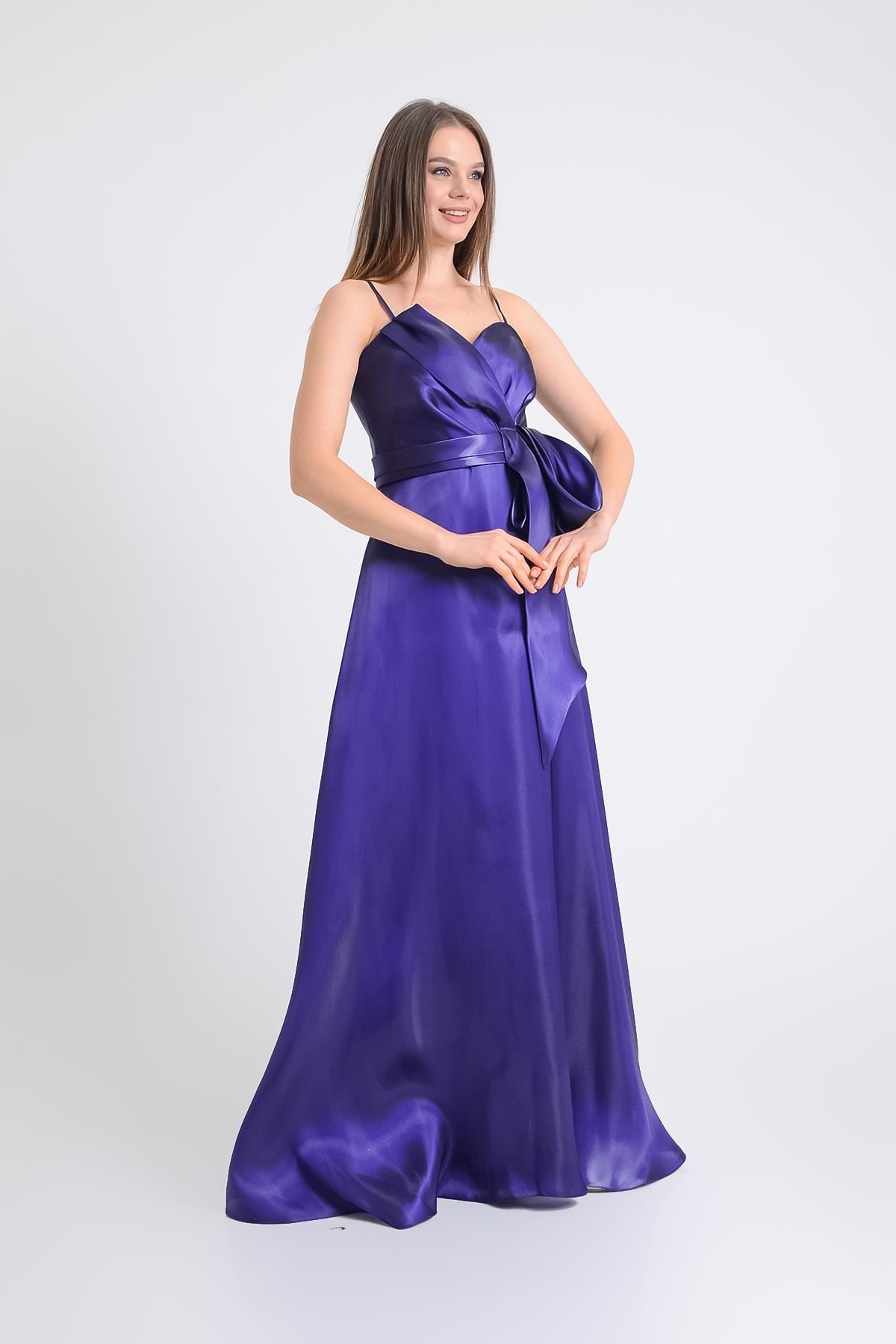 Mor Organize Kumaş Beli Fiyonklu Abiye Elbise Abiye P-0000009737-MORMOR38