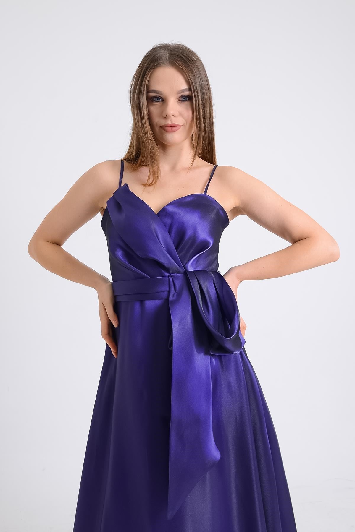 Mor Organize Kumaş Beli Fiyonklu Abiye Elbise Abiye P-0000009737-MORMOR38