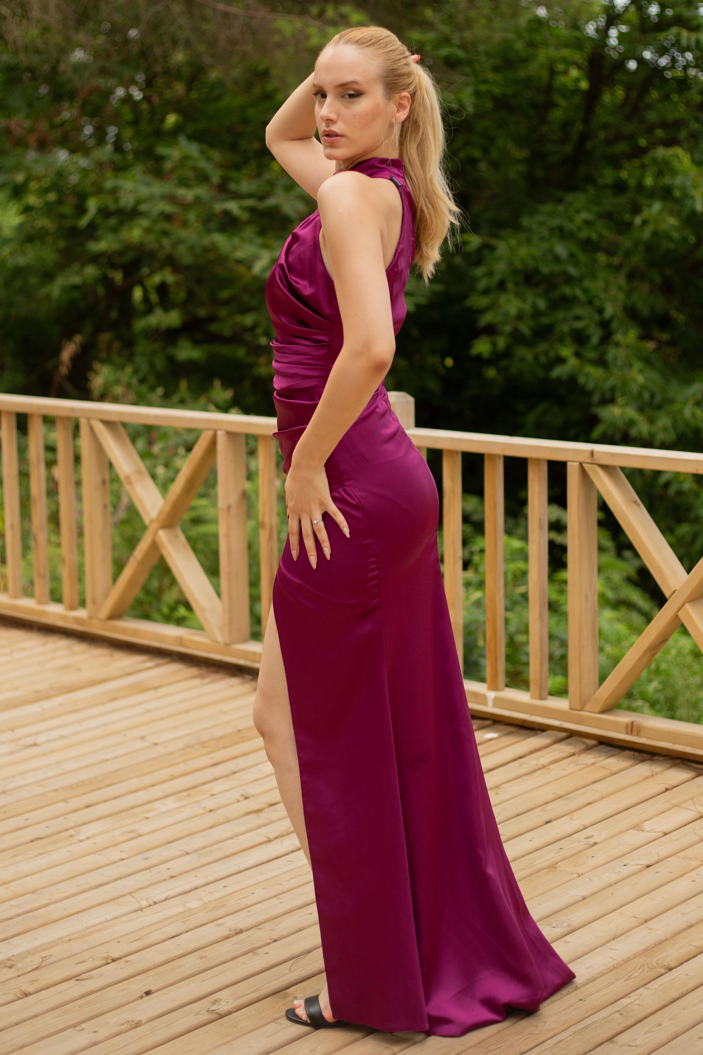 Mürdüm Halter Yaka Saten Abiye Elbise Abiye P-0000014001-MÜRDÜMMRD38